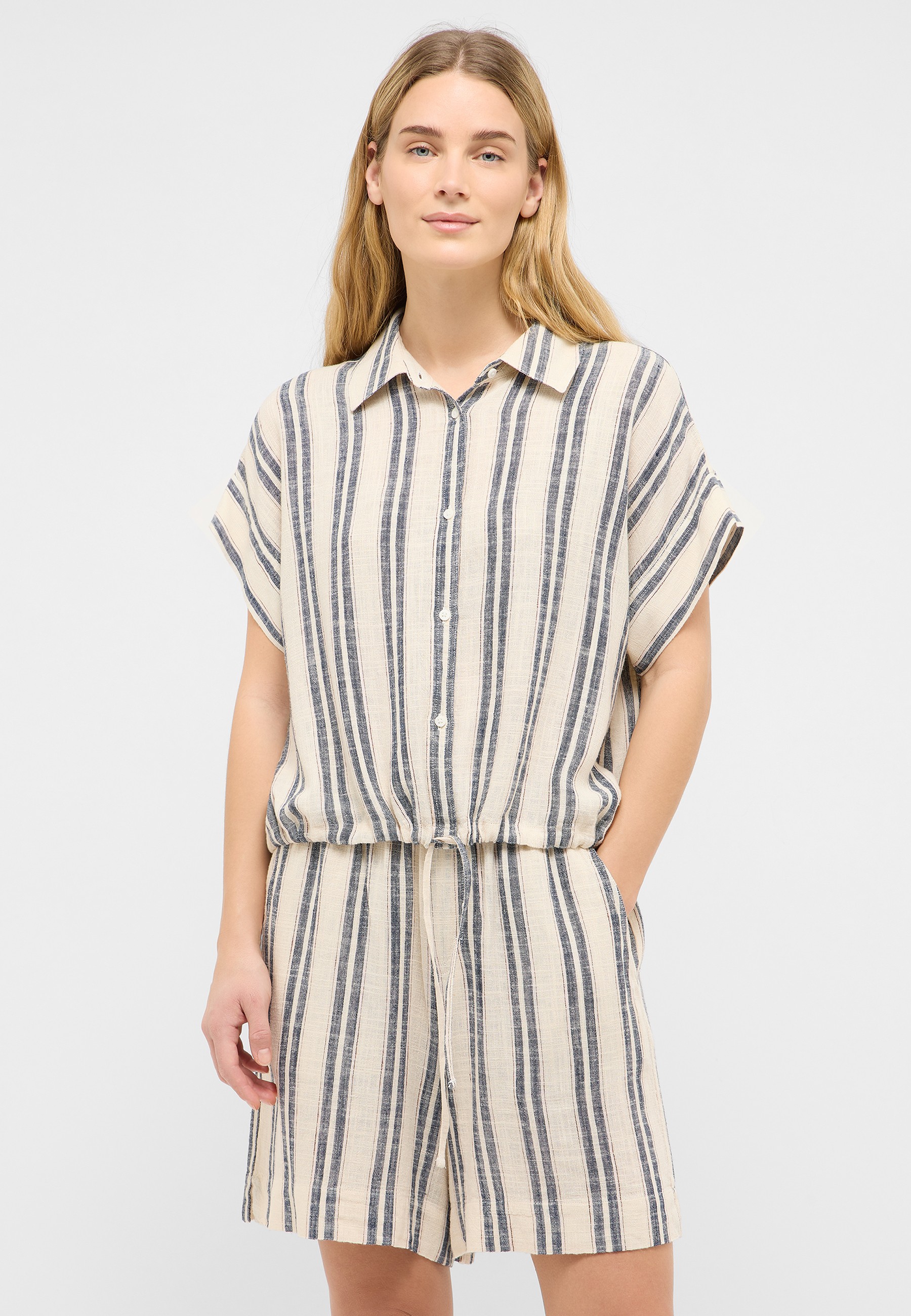 Kurzarm-Overall, Streifen, Latz-Top, Beige, Blusenshirt-Set