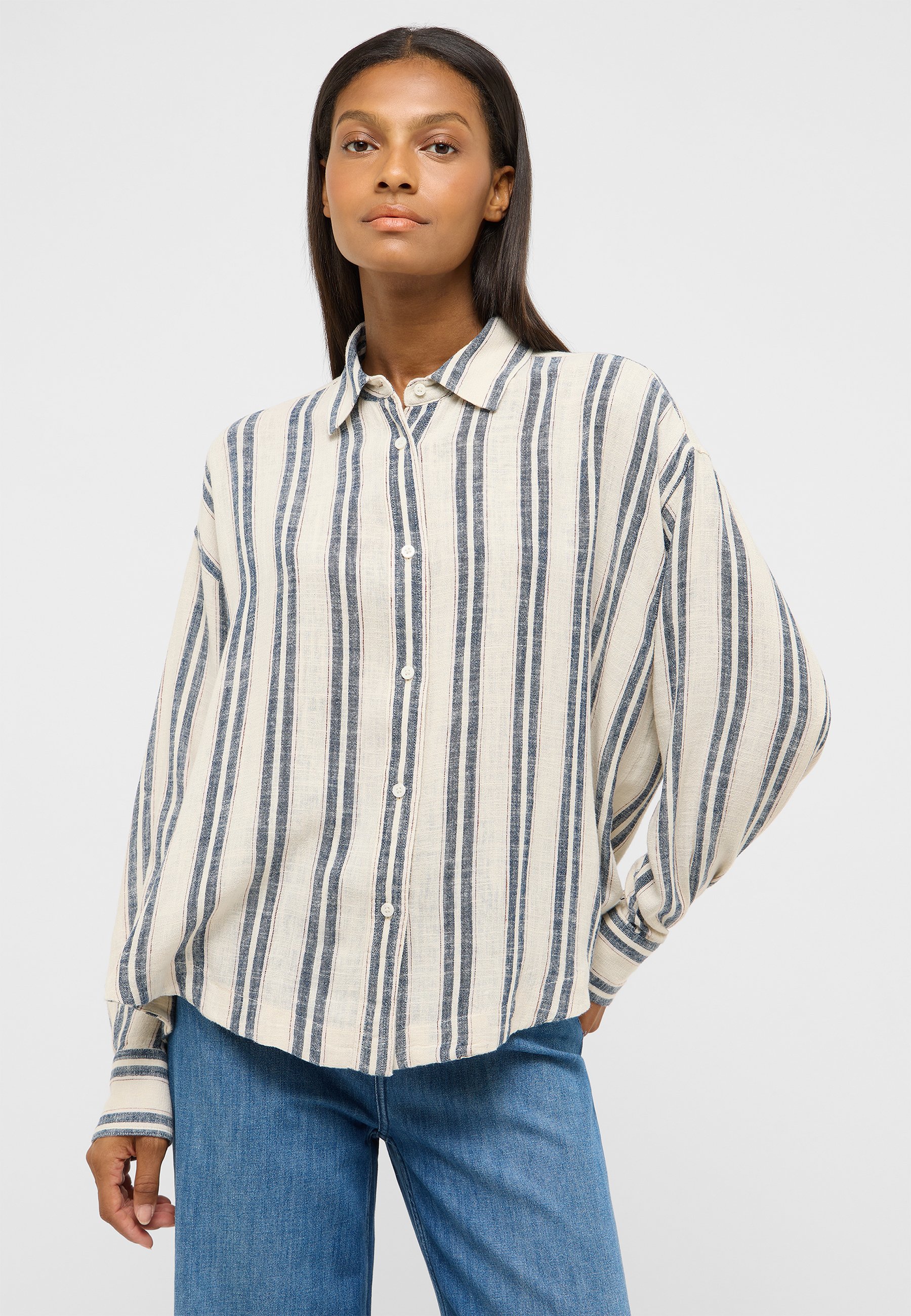 streifen, leinen, knopfleiste, oversized, blau-creme