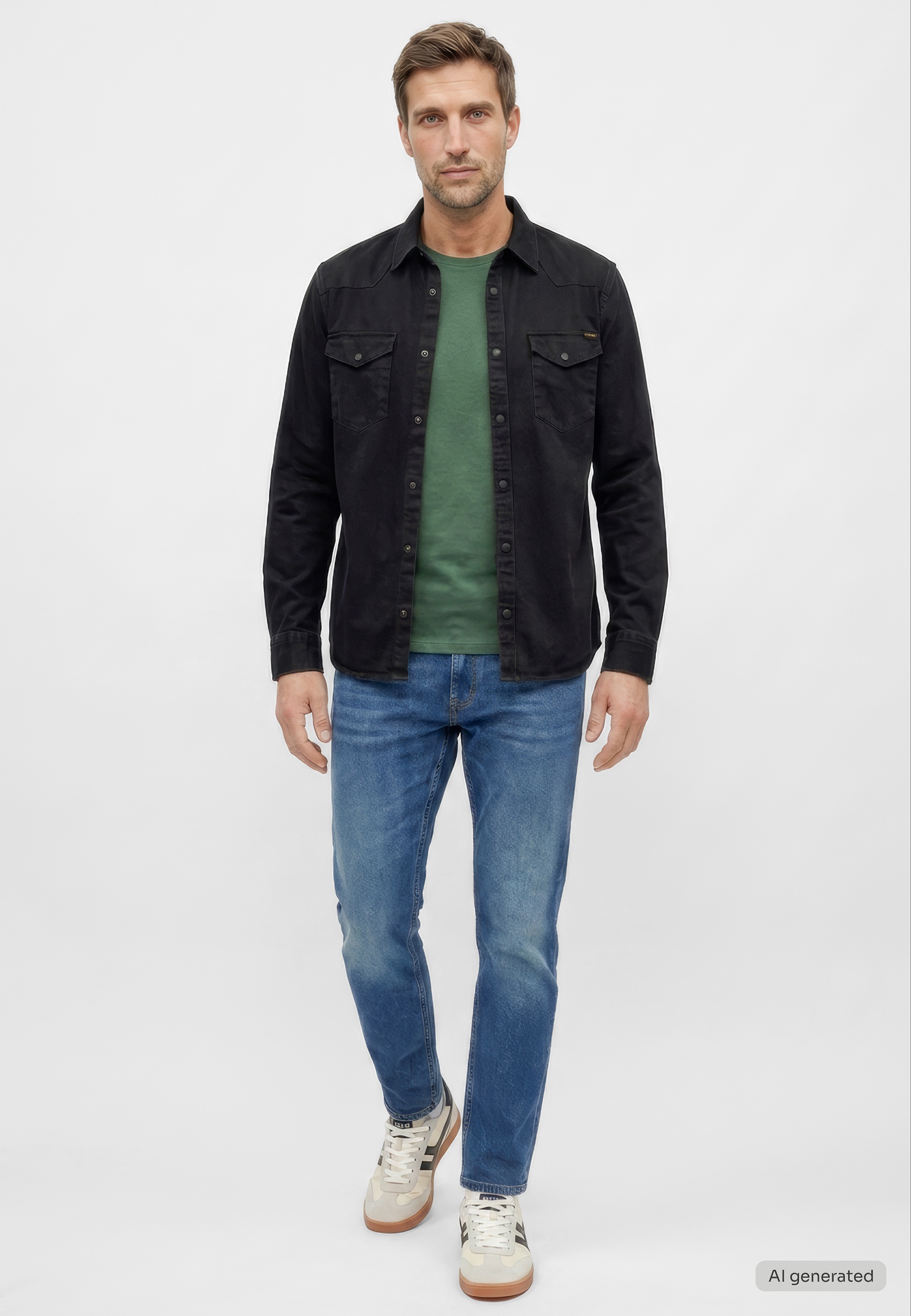 Jeansjacke, schwarze Jacke, Coated Shirt, grünes T‑Shirt, blaue Jeans
