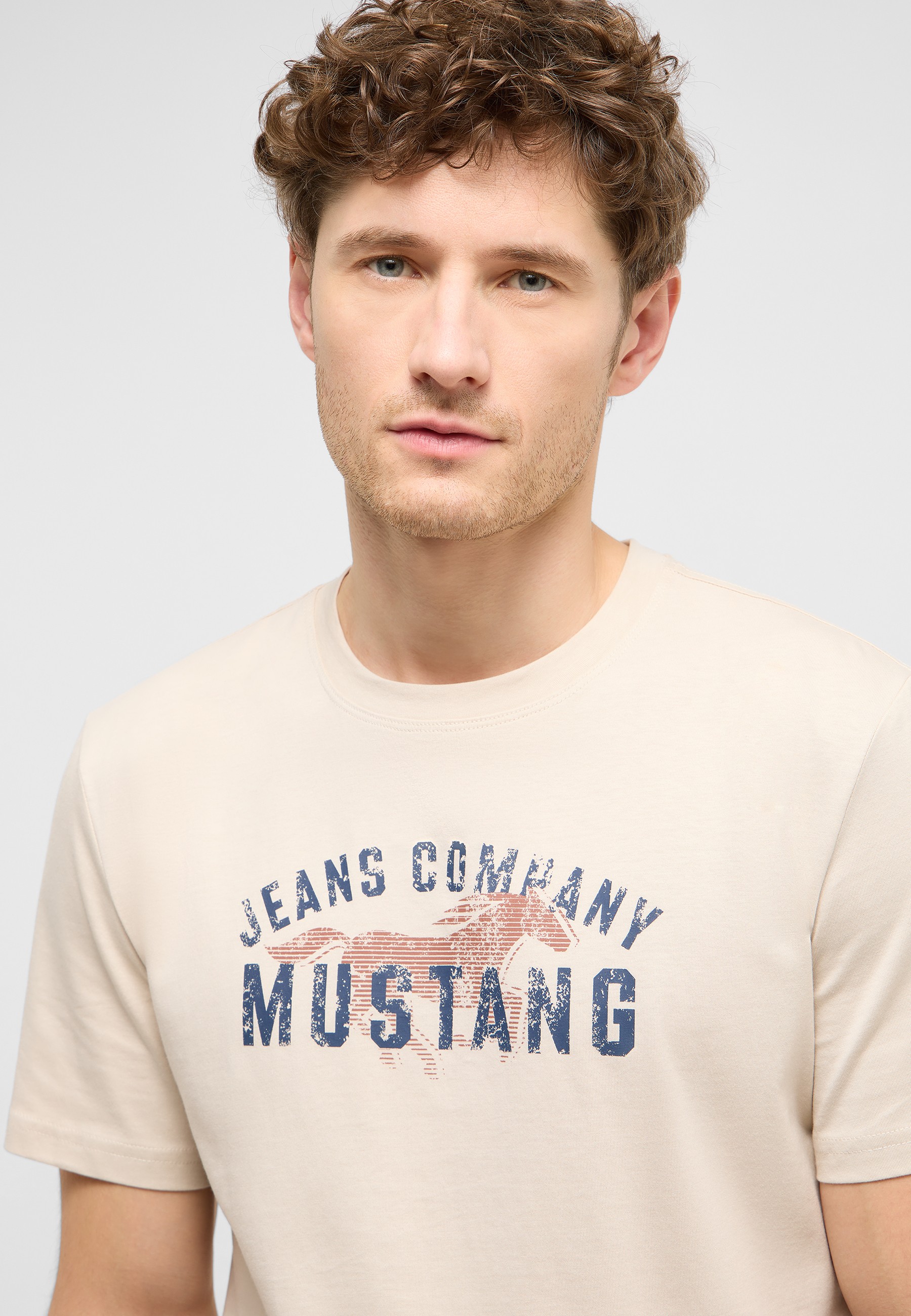 T-Shirt, Beige, Rundhals, Print, Mustang
