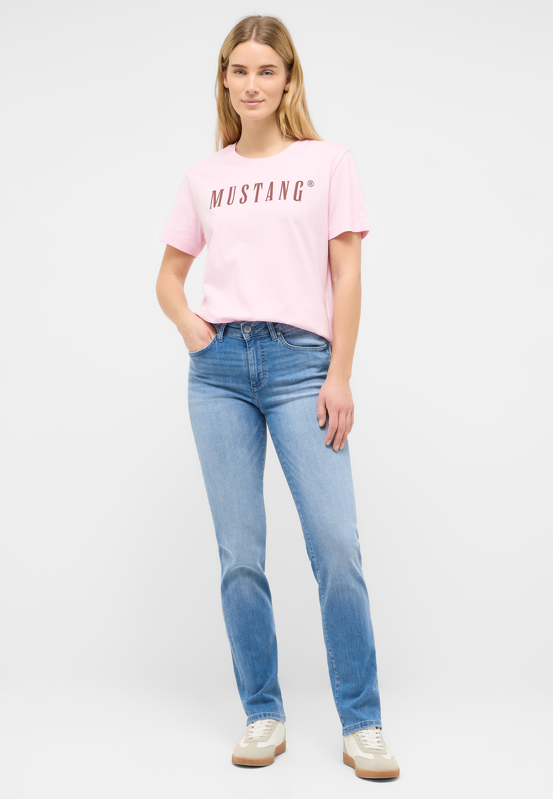 t-shirt, pink, mustang, kurzarm, runde halskante