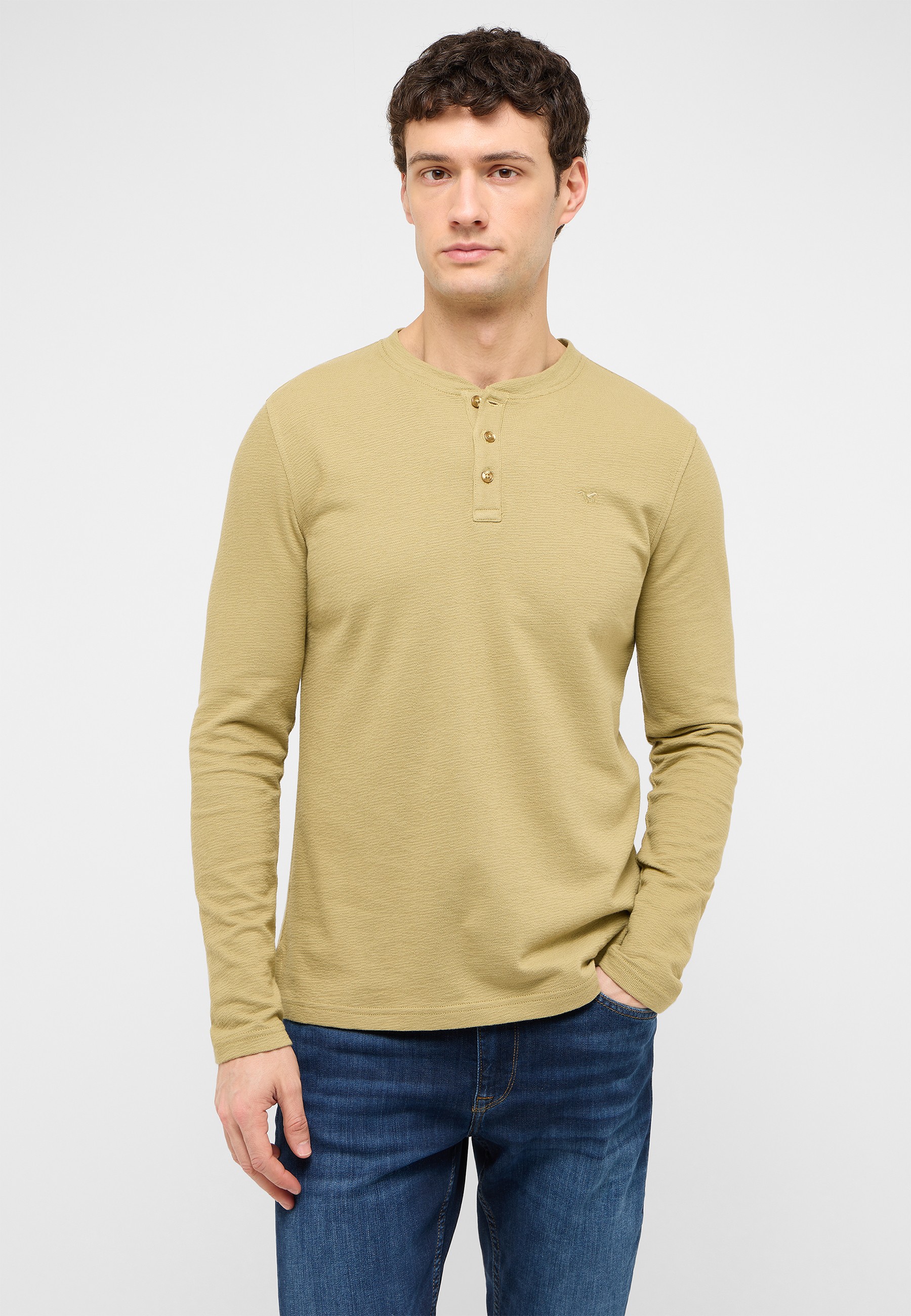 Henley Shirt, Long Sleeve, Beige, Knit Texture, Buttons