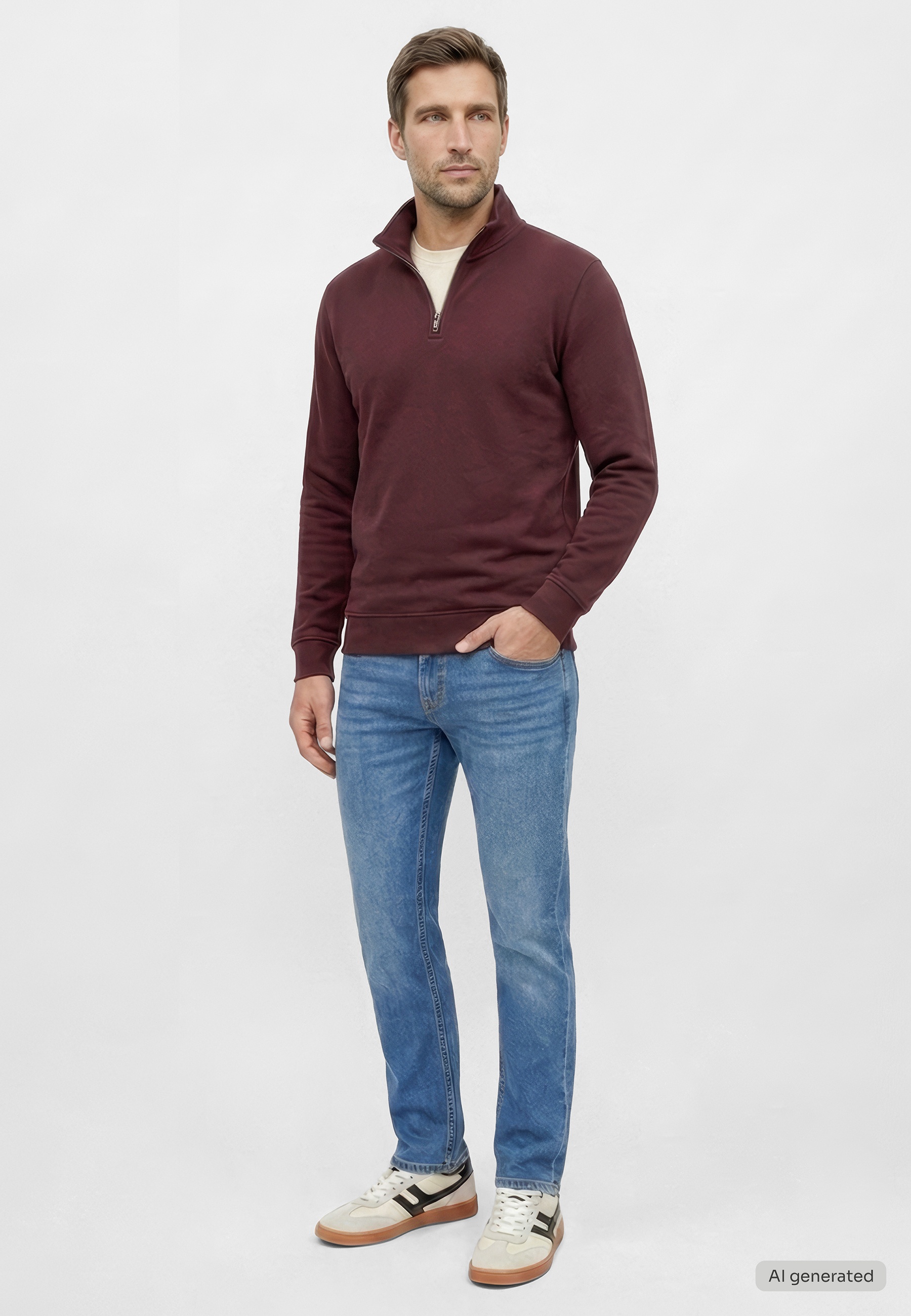 Pullover, Reißverschluss, Langarm, Maroon, Herren