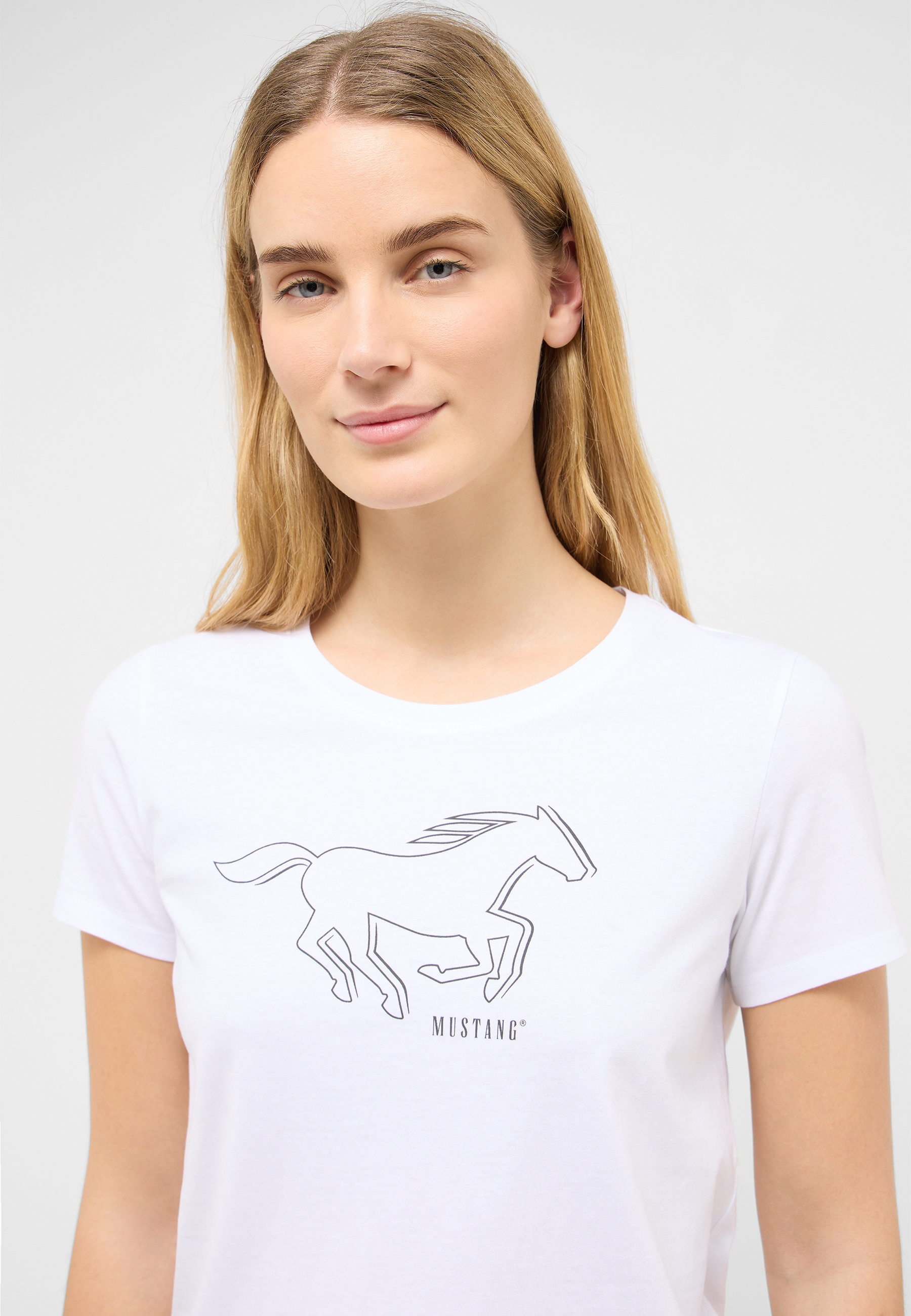 tshirt, graphic, pferd, weiß, mustang‑logo