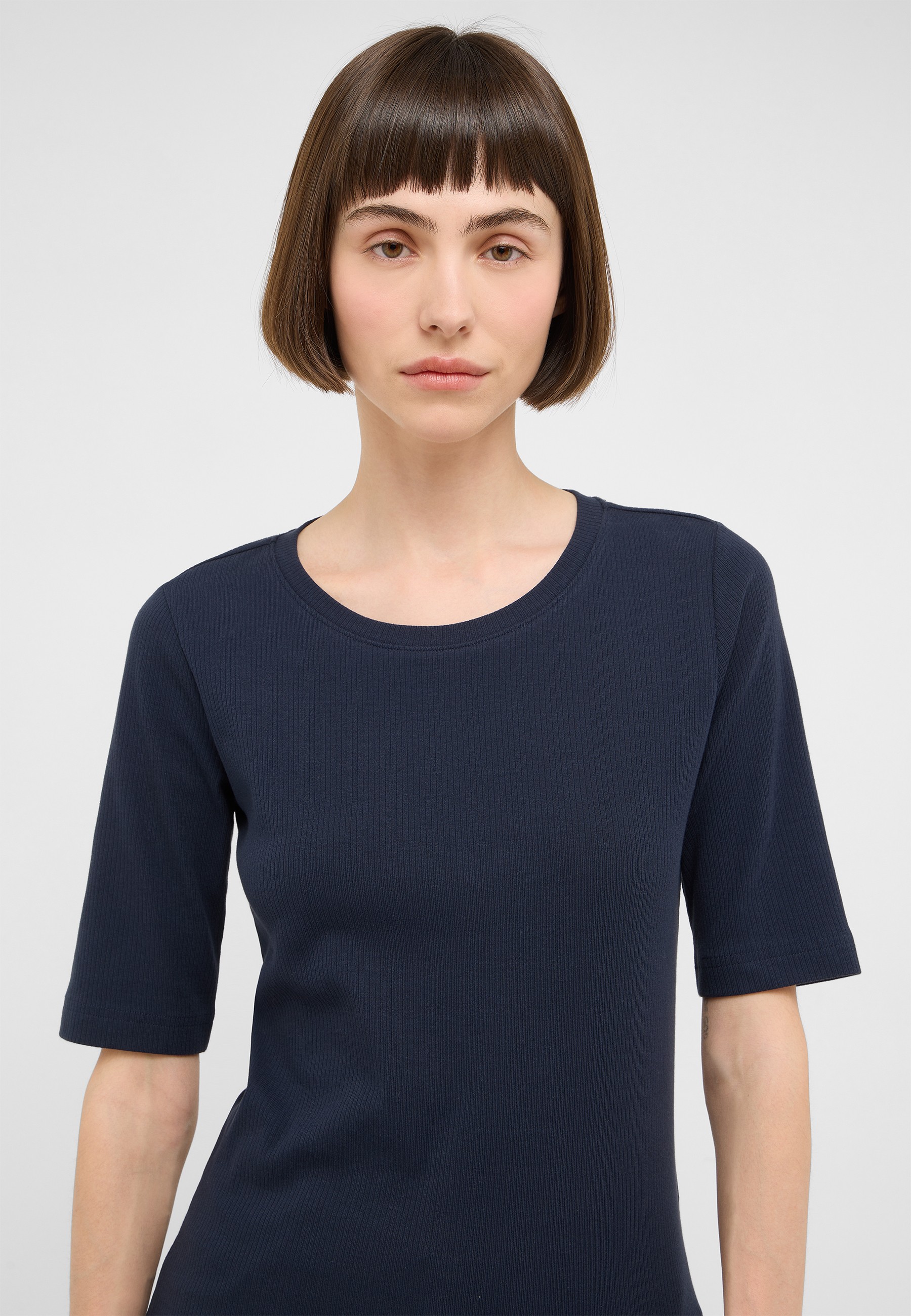 T-Shirt, Rippenstruktur, Kurzärmlig, Navy Blau, Rundhalsausschnitt