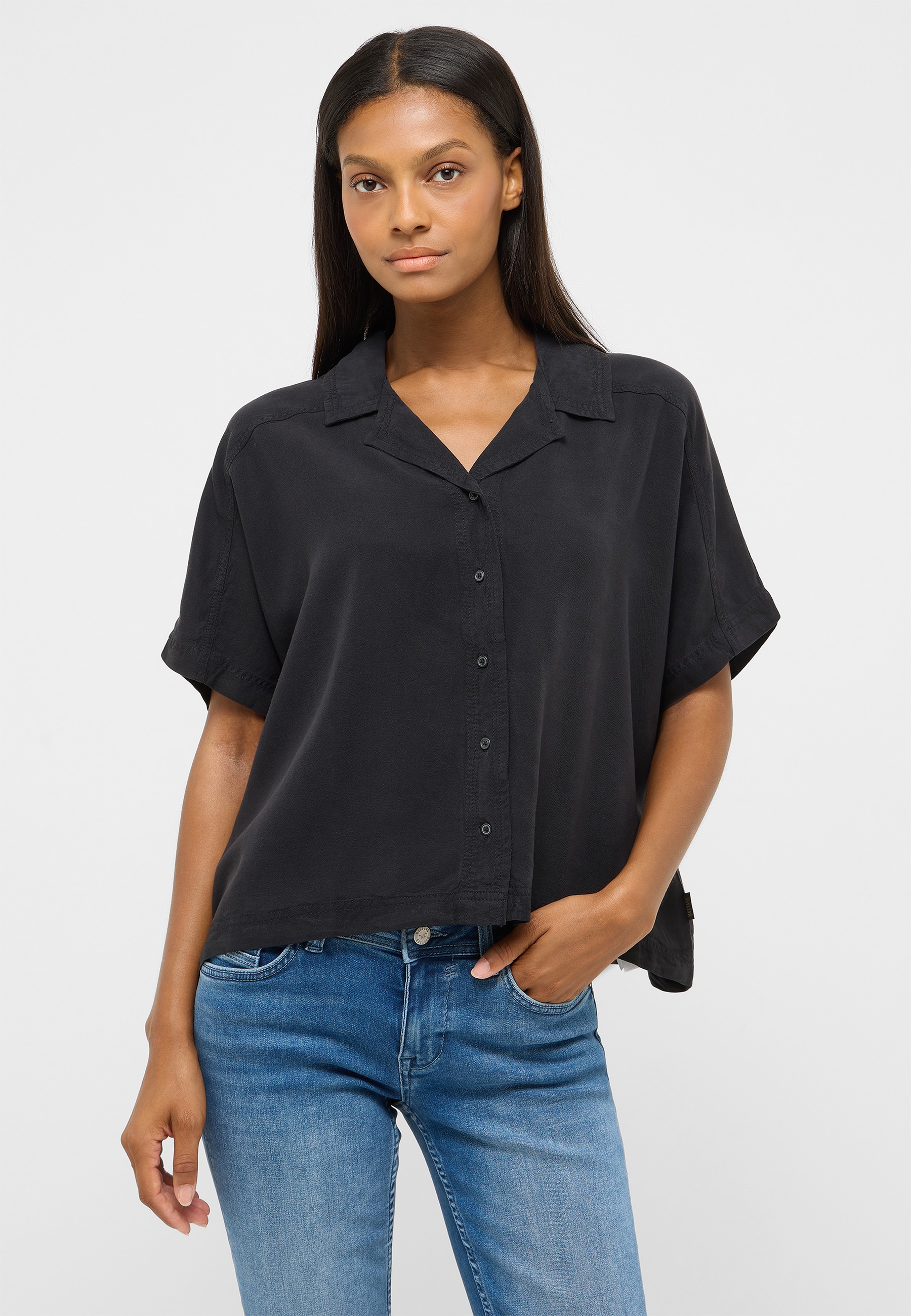 Hemd, Kurzarm, Knopfleiste, schwarz, Hemdbluse