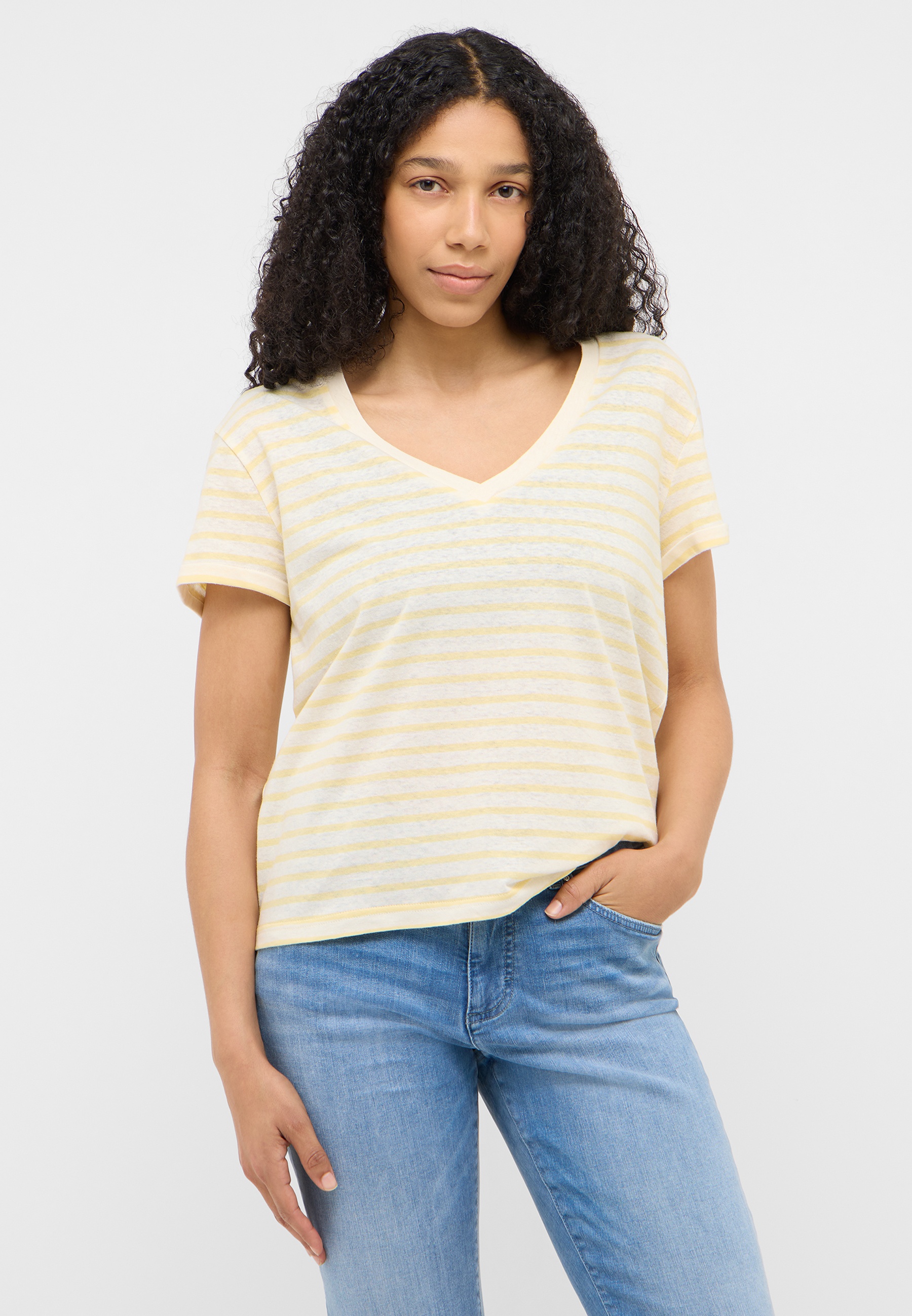 V-Shirt, kurzärmlig, Streifen, Leichtes Material, helle Farbe