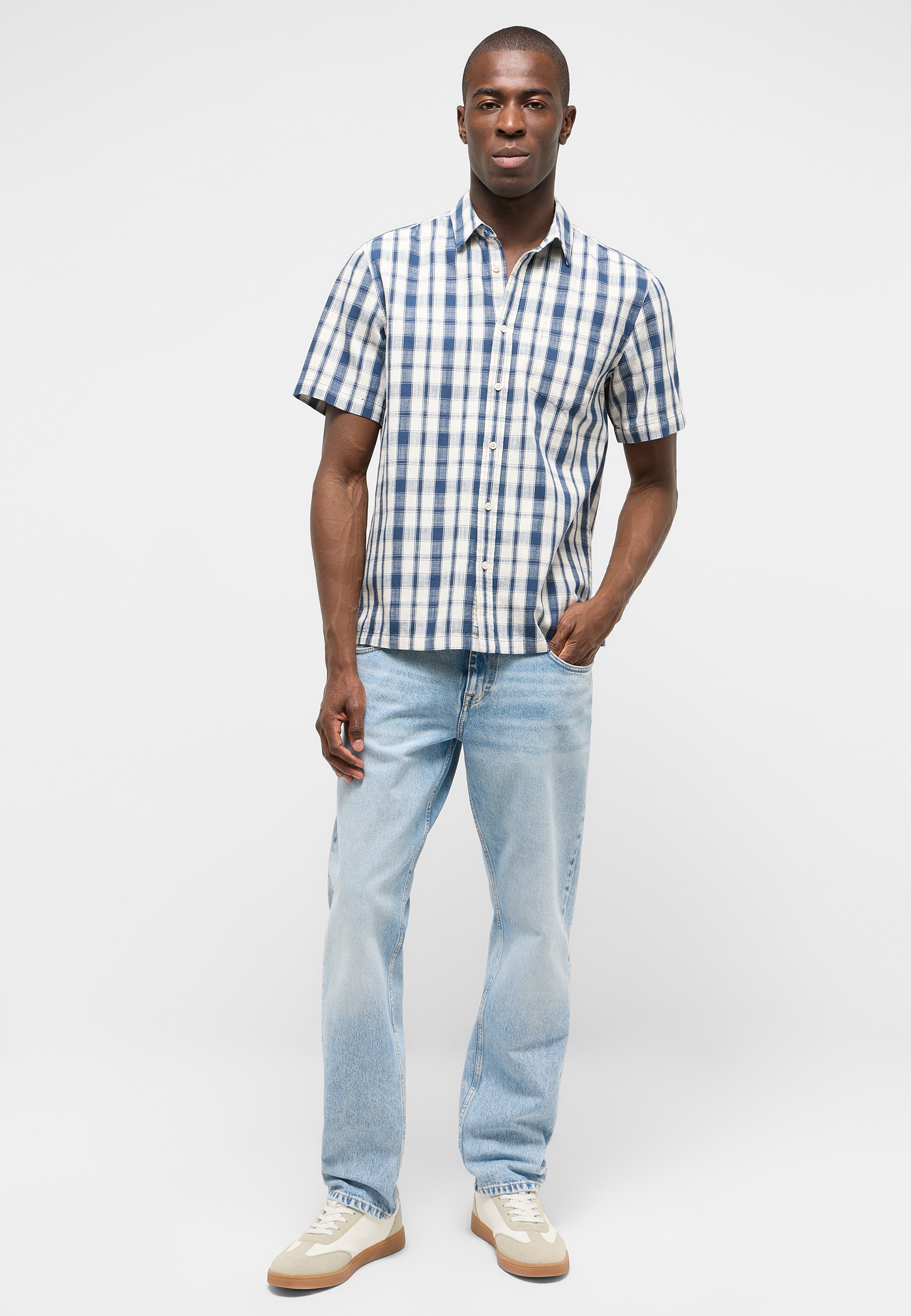 Hemd, Karohemd, Kurzarm, Leinen/leichte Baumwolle, Jeans