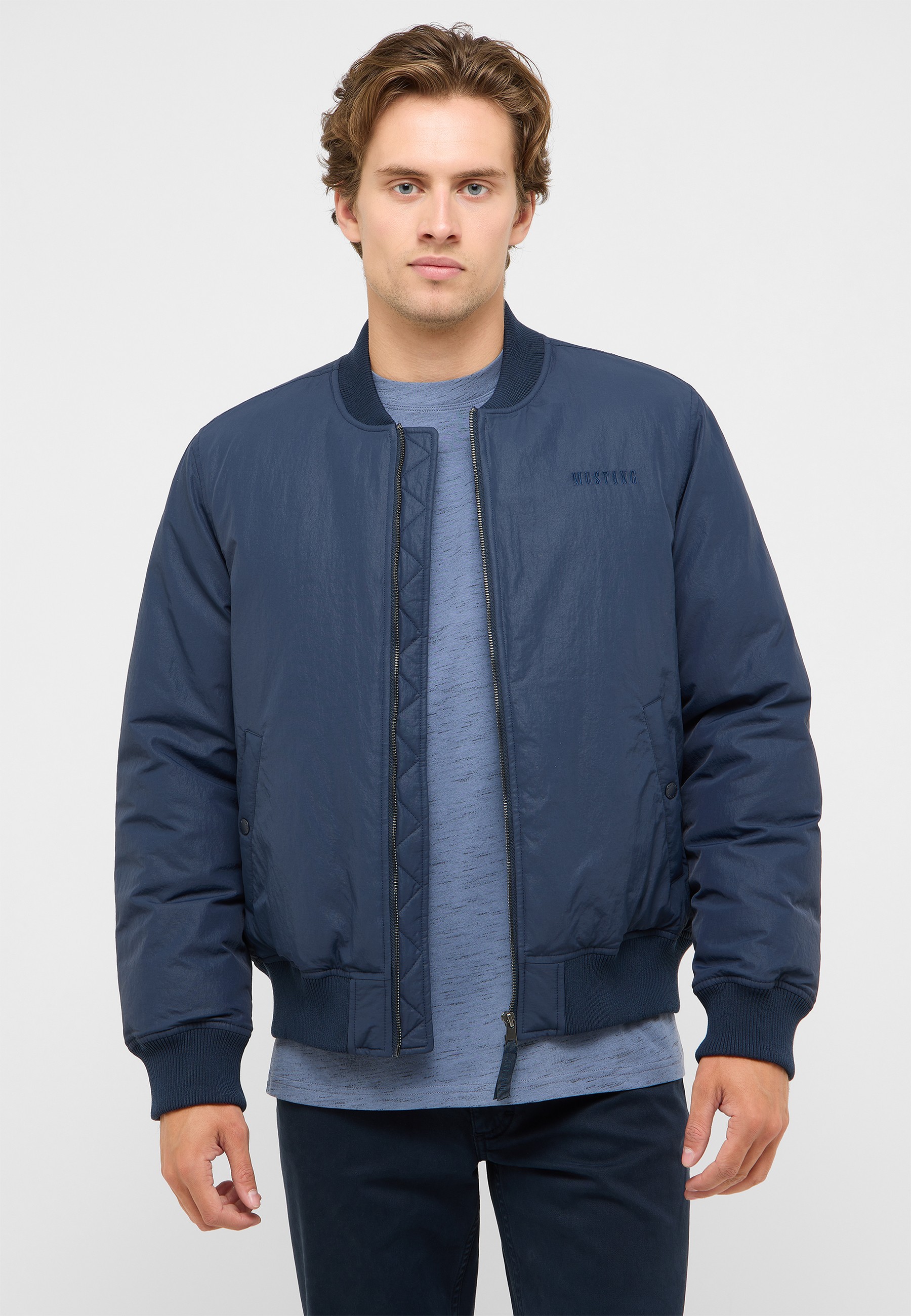 Bomberjacke, Nylon, blau, Reißverschluss, Kragenrib