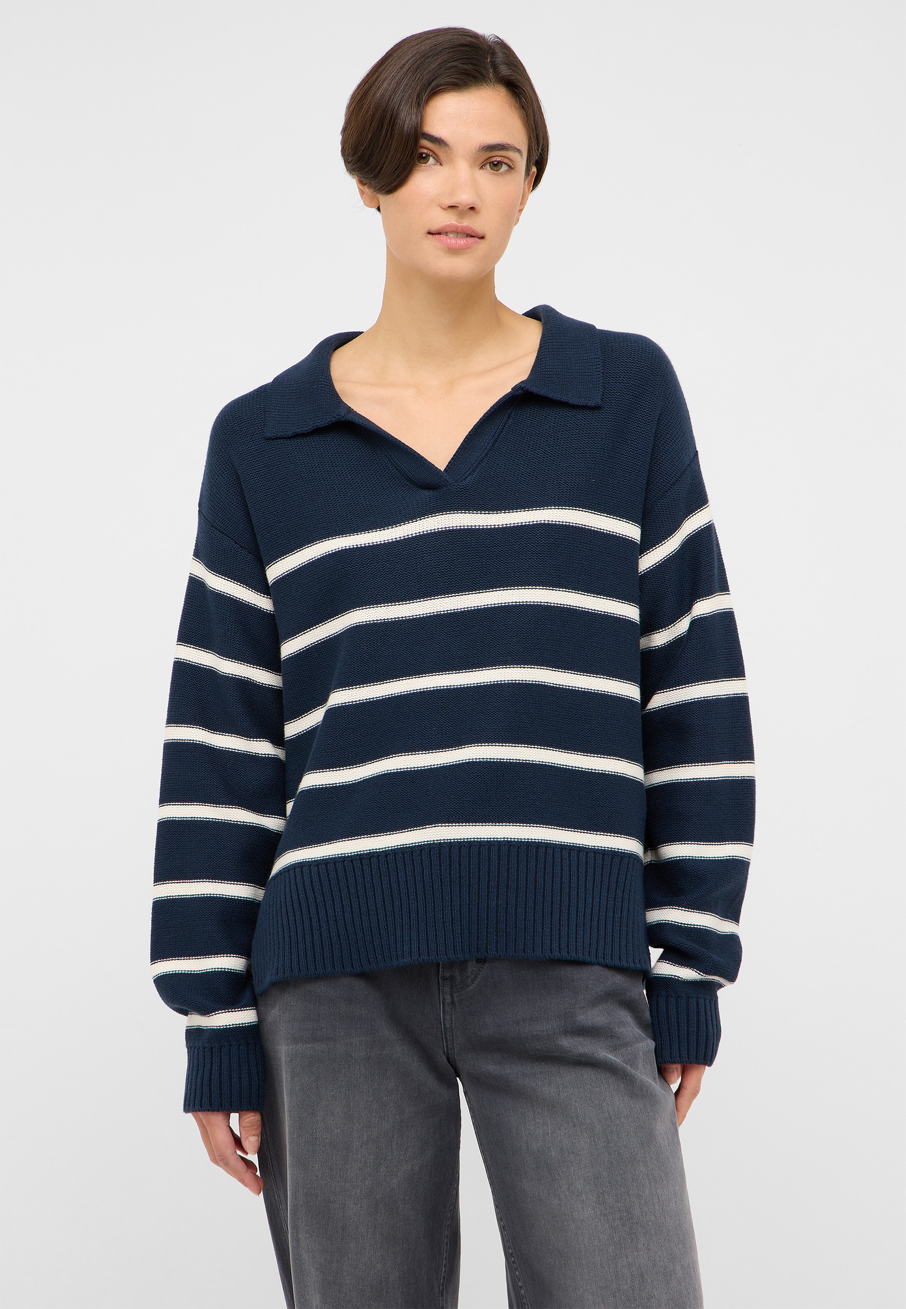 Pullover, Streifen, Navy, Kragenpoloshirt, Oversized