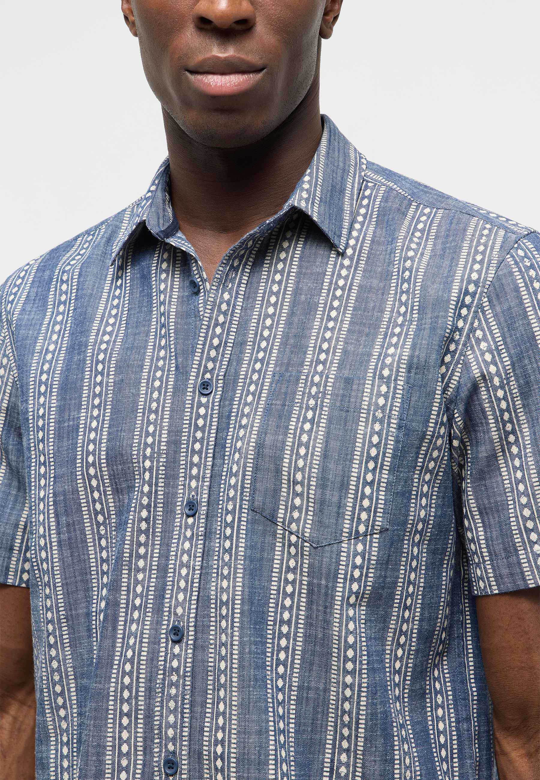 Hemd, Kurzarm, Streifen, Denim-Blau, Knopfleiste