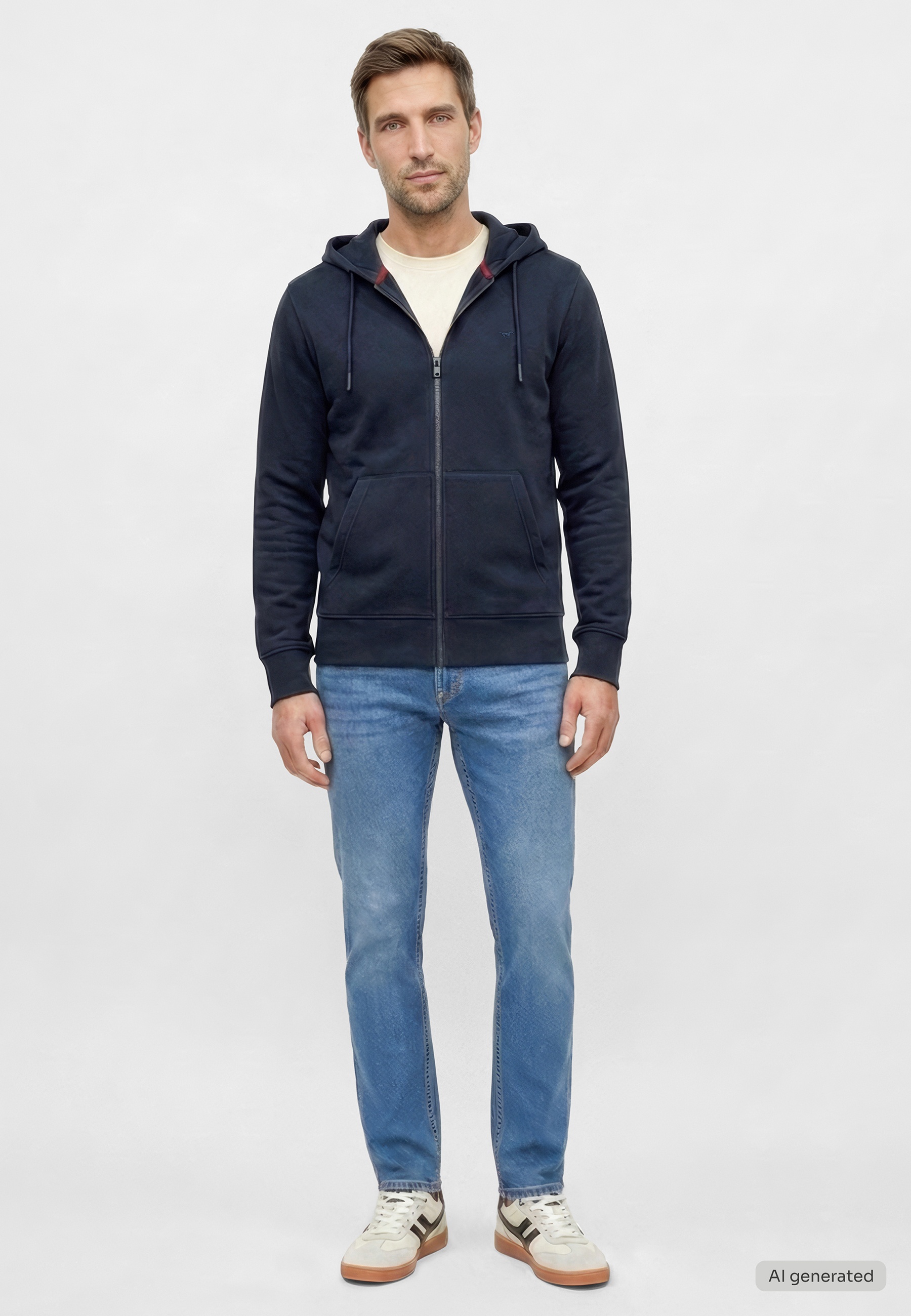 Reißverschluss, Kapuze, Marineblau, Taschen, Jeans