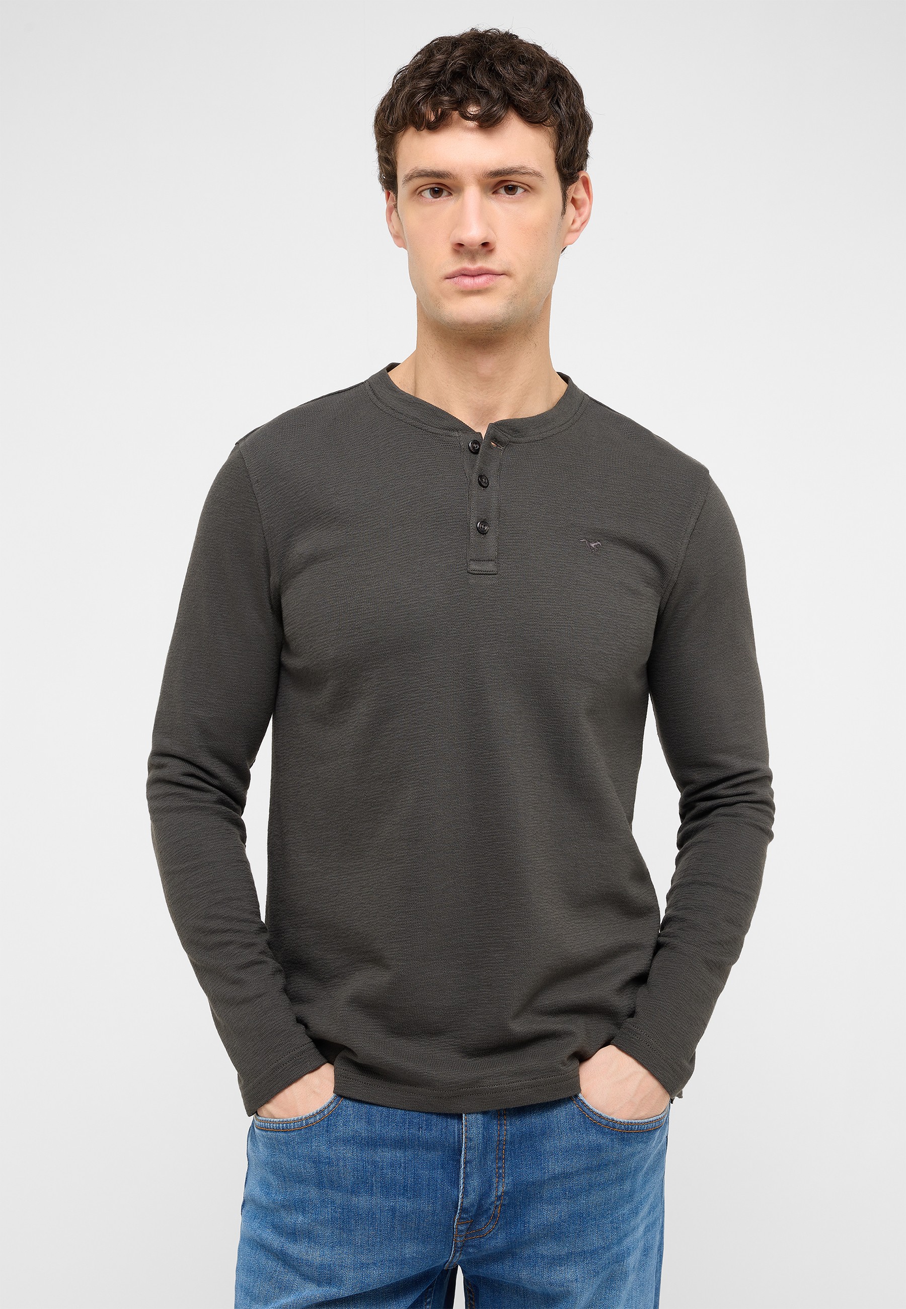 Henley shirt, long sleeve, button placket, charcoal, cotton