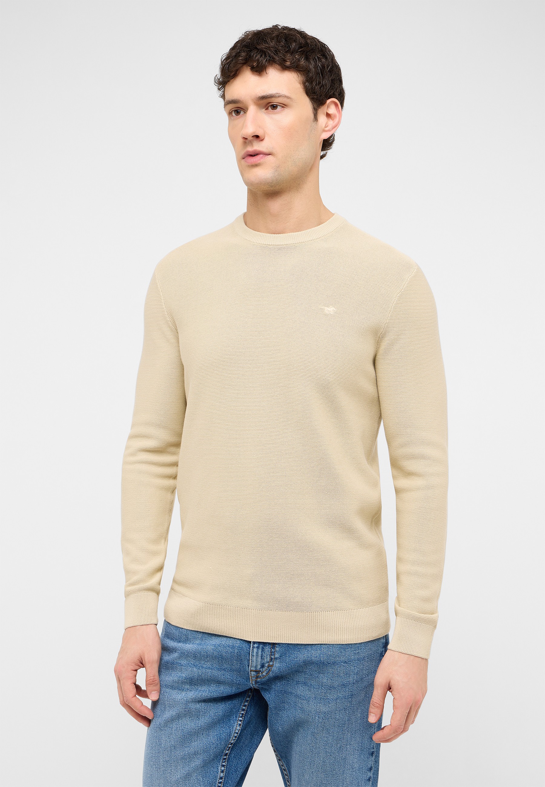 beigeer Pullover, Rundhalsausschnitt, Langarm, Strickware, unifarben