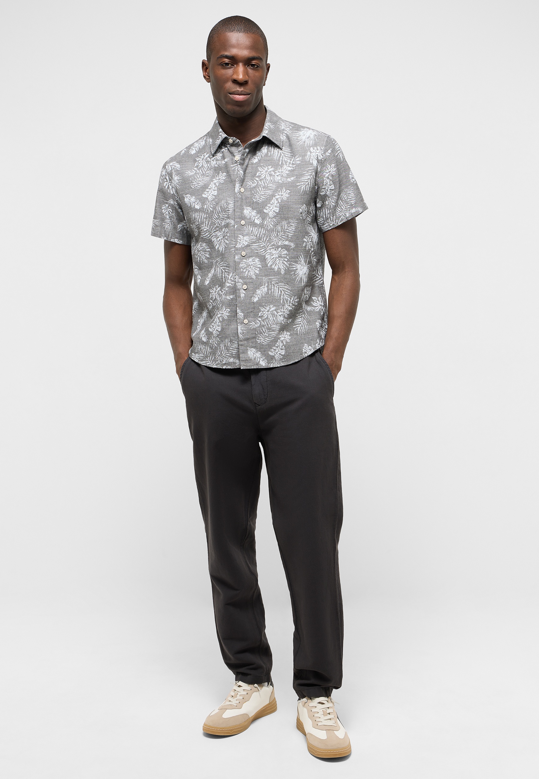 Hemd, Kurzarm, Blättermuster, Graues Shirt, Casual Hemd