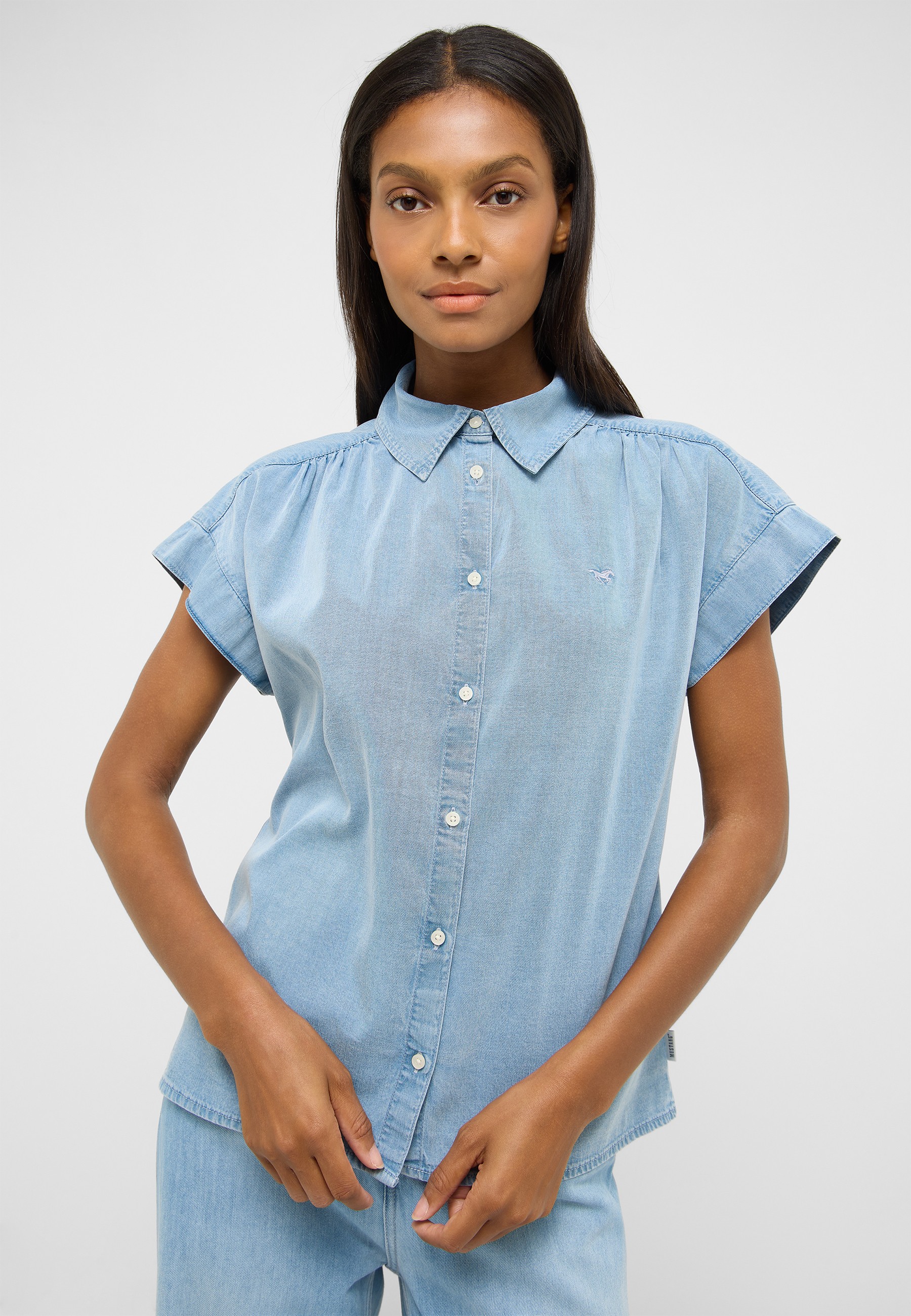 denim, Hemd, Kurzarm, Knopfverschluss, hellblau