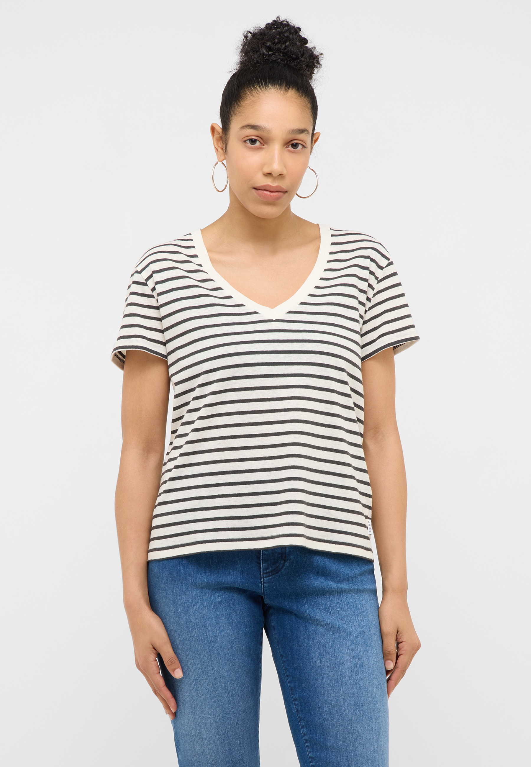 streifen shirt, v-ausschnitt, kurzarm, baumwolle, blau jeans