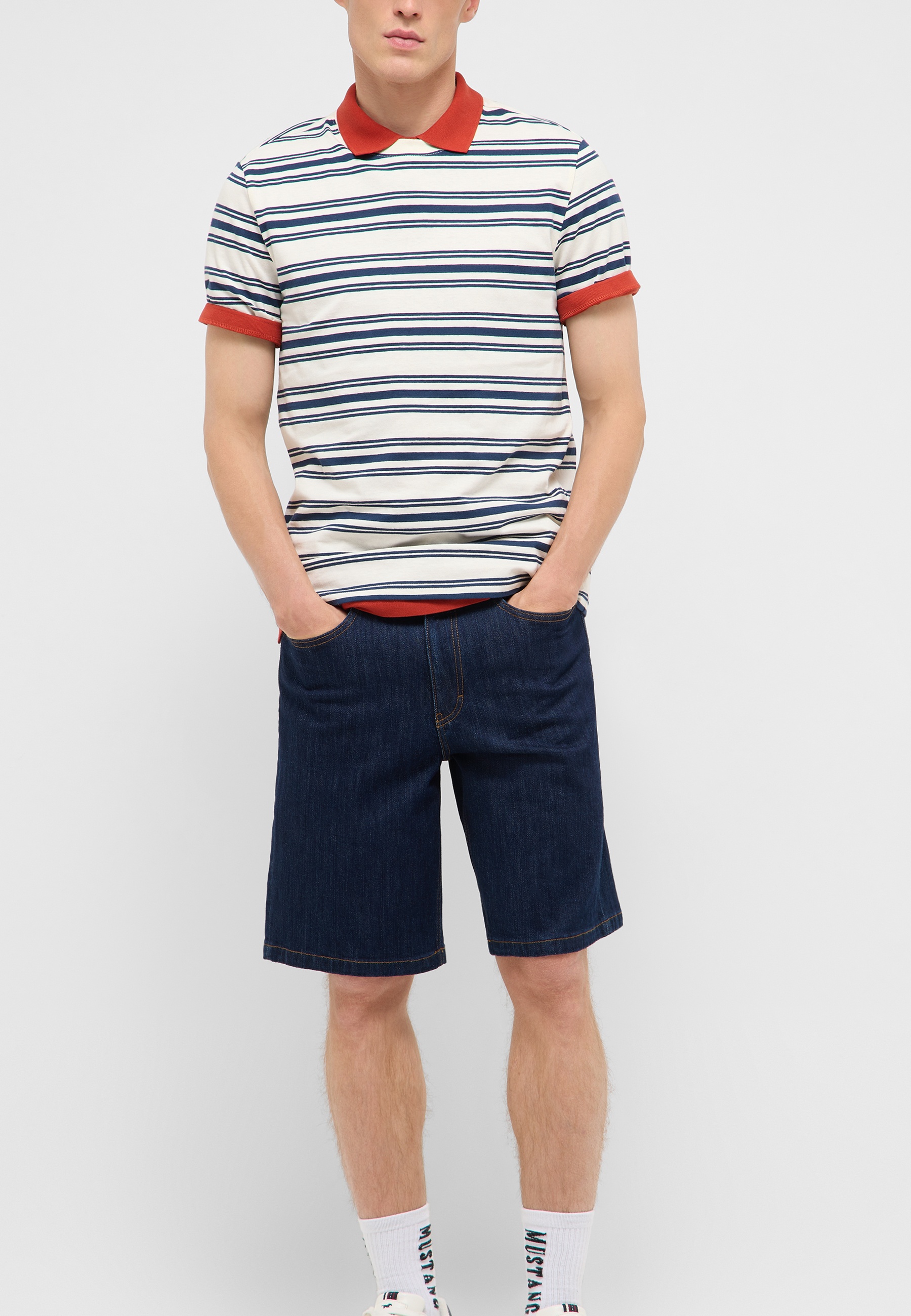 Striped polo, Polo shirt, Shorts, Denim shorts, Casual outfit