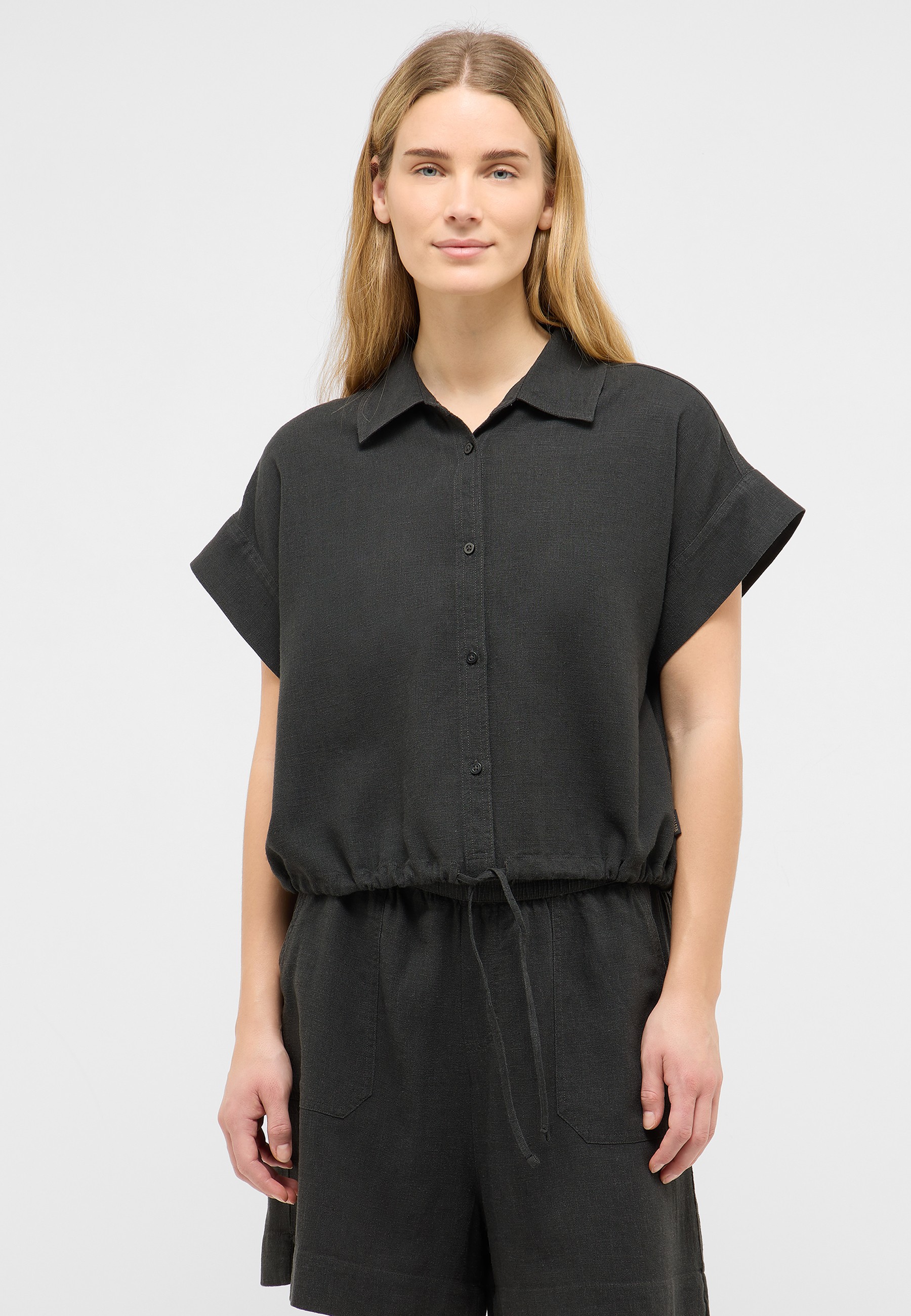 Kurzarm-Überwurf, Kragenhemd, Dunkelgrau, Jumpsuit-ähnlich, Gürtelzug