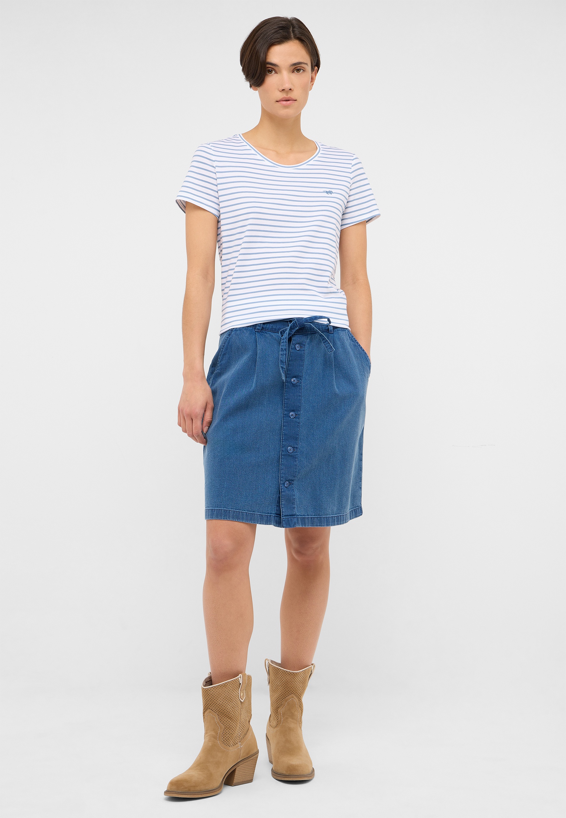 T-Shirt, Streifen, Short Skirt, Denim, Boots
