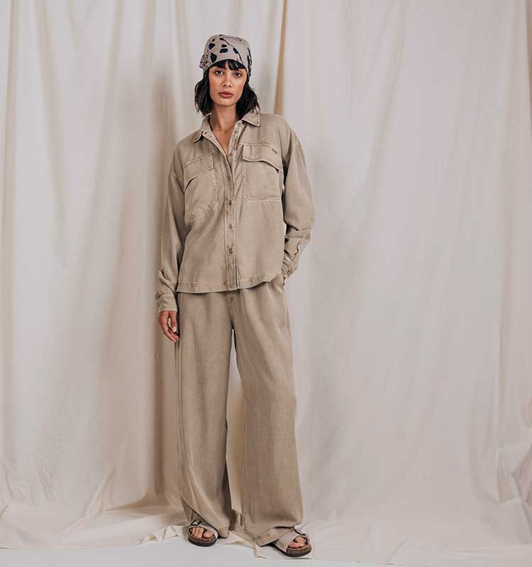 beige pants, beige shirt, pantsuit, casual wear, bandana