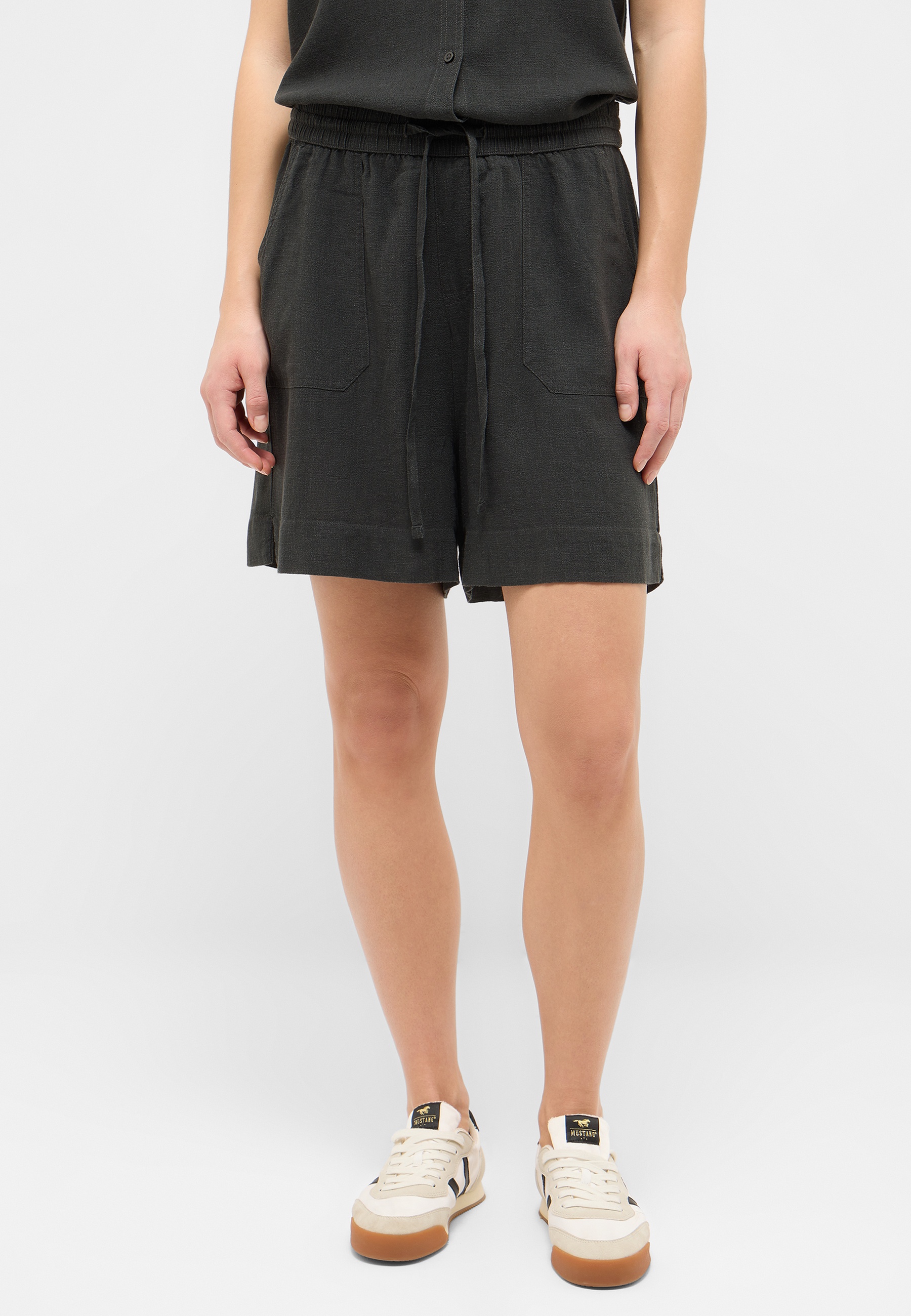shorts, drawstring, pocket, black, linen look