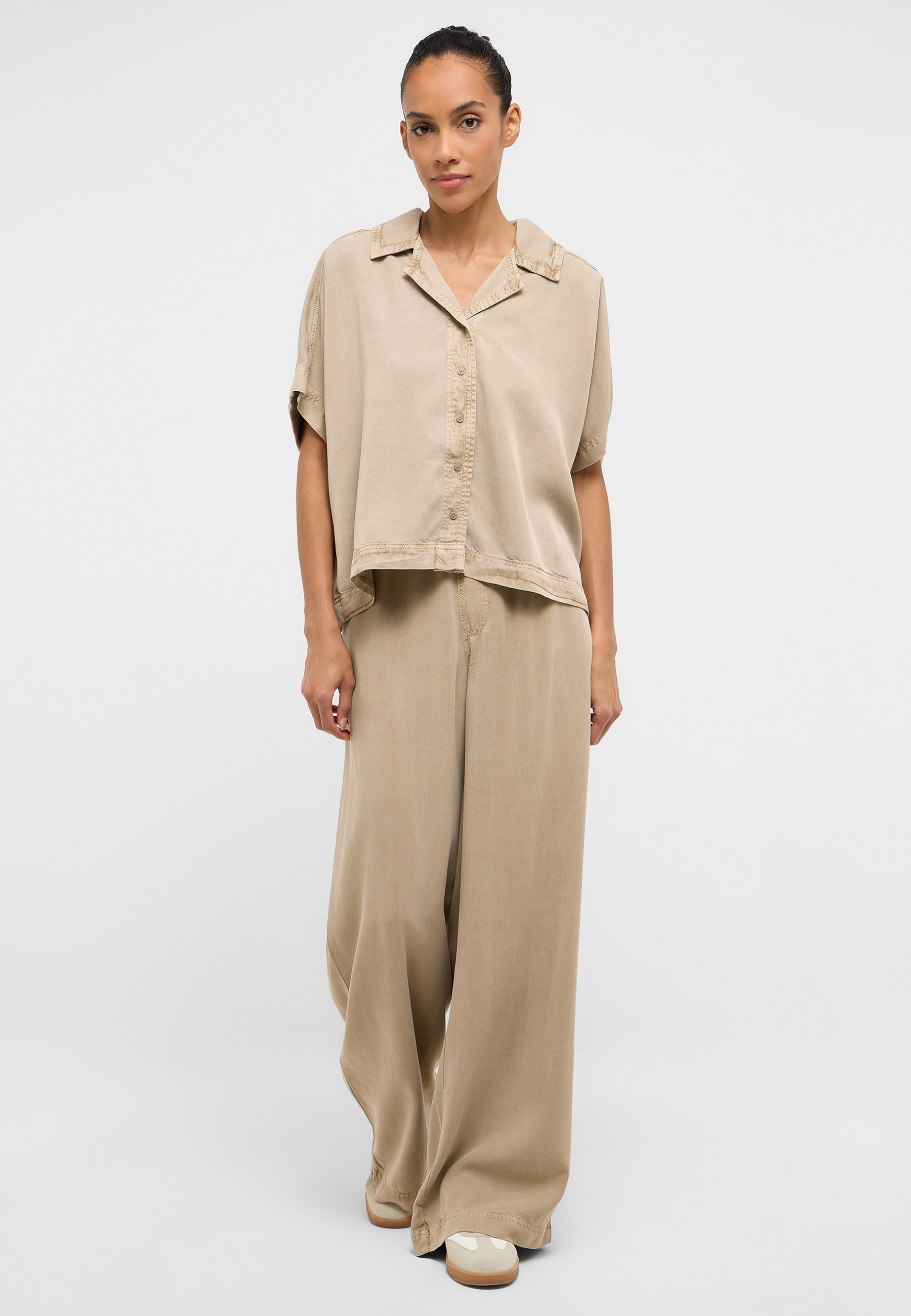 beige, Loungewear, Hemd, Kurzarm, weite Hose
