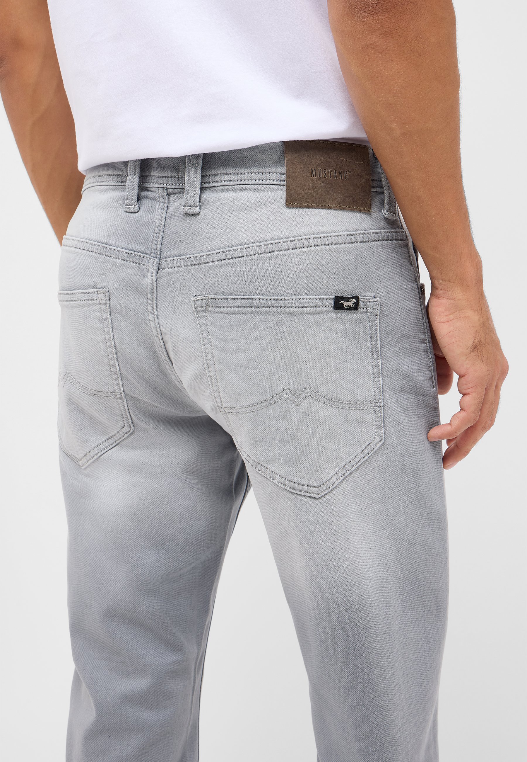 jeans, Hose, Grau, Rückentasche, Lederpatch