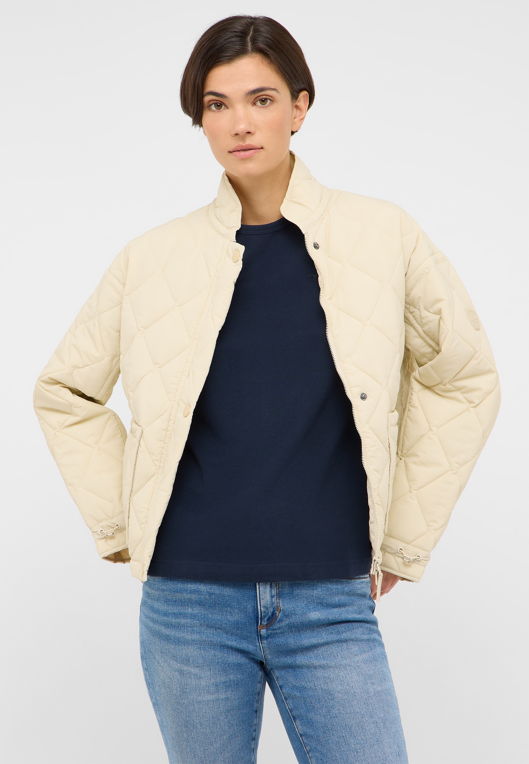 quilted jacket, beige jacket, puffer jacket, knit collar, reissverschluss