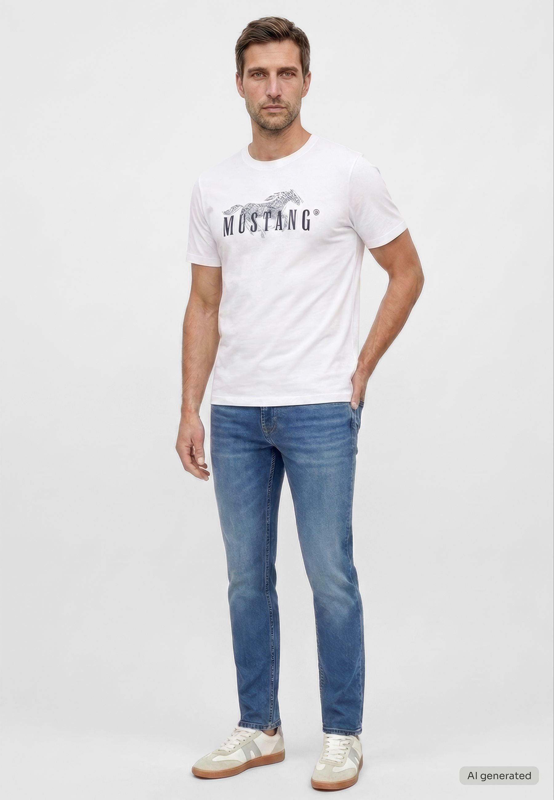 T-Shirt, weißes Hemd, Mustang-Logo, Grafik-Tee, Rundhalsausschnitt