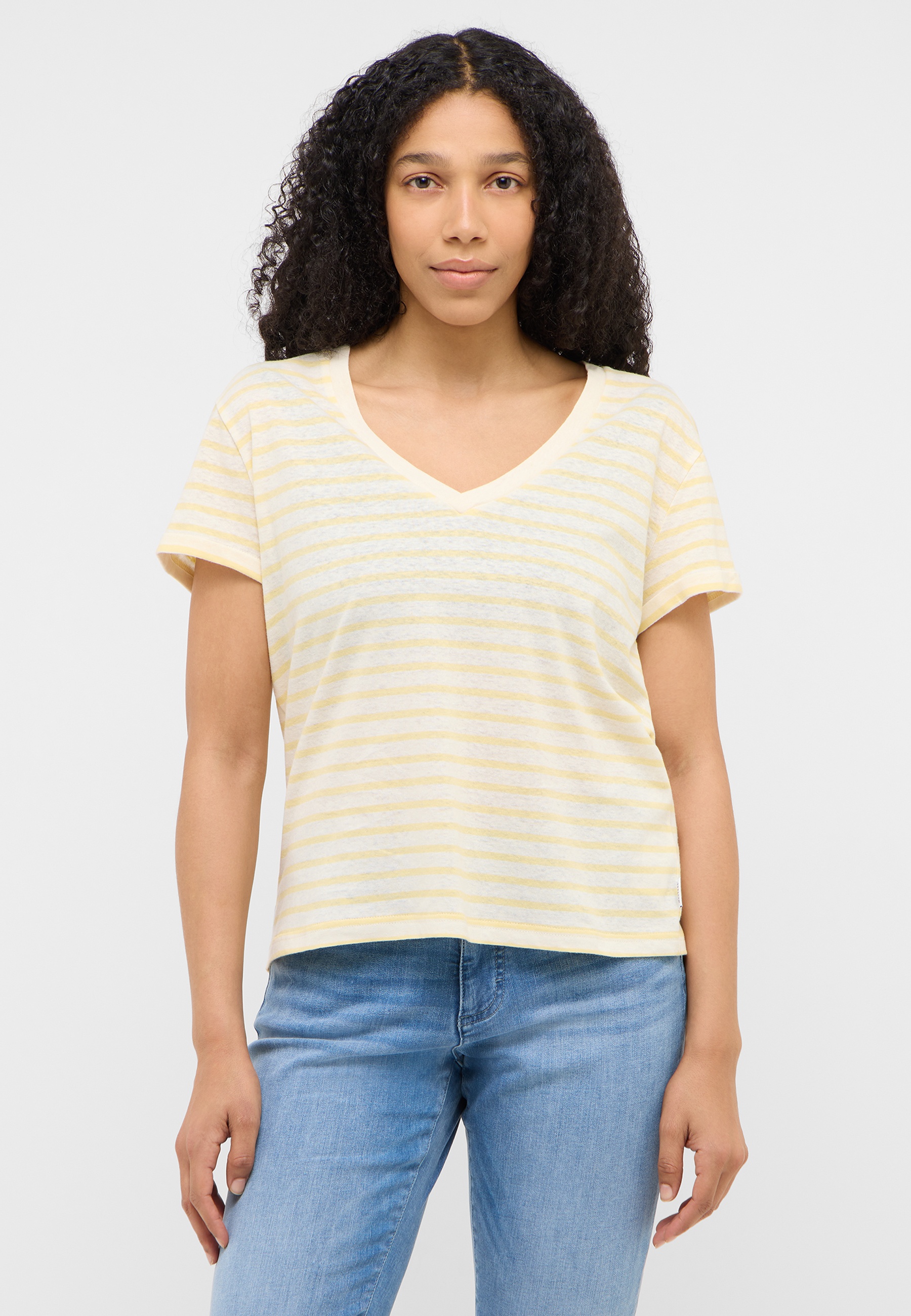 T-Shirt, Streifen, V-Ausschnitt, Kurzarm, Beige/gelb