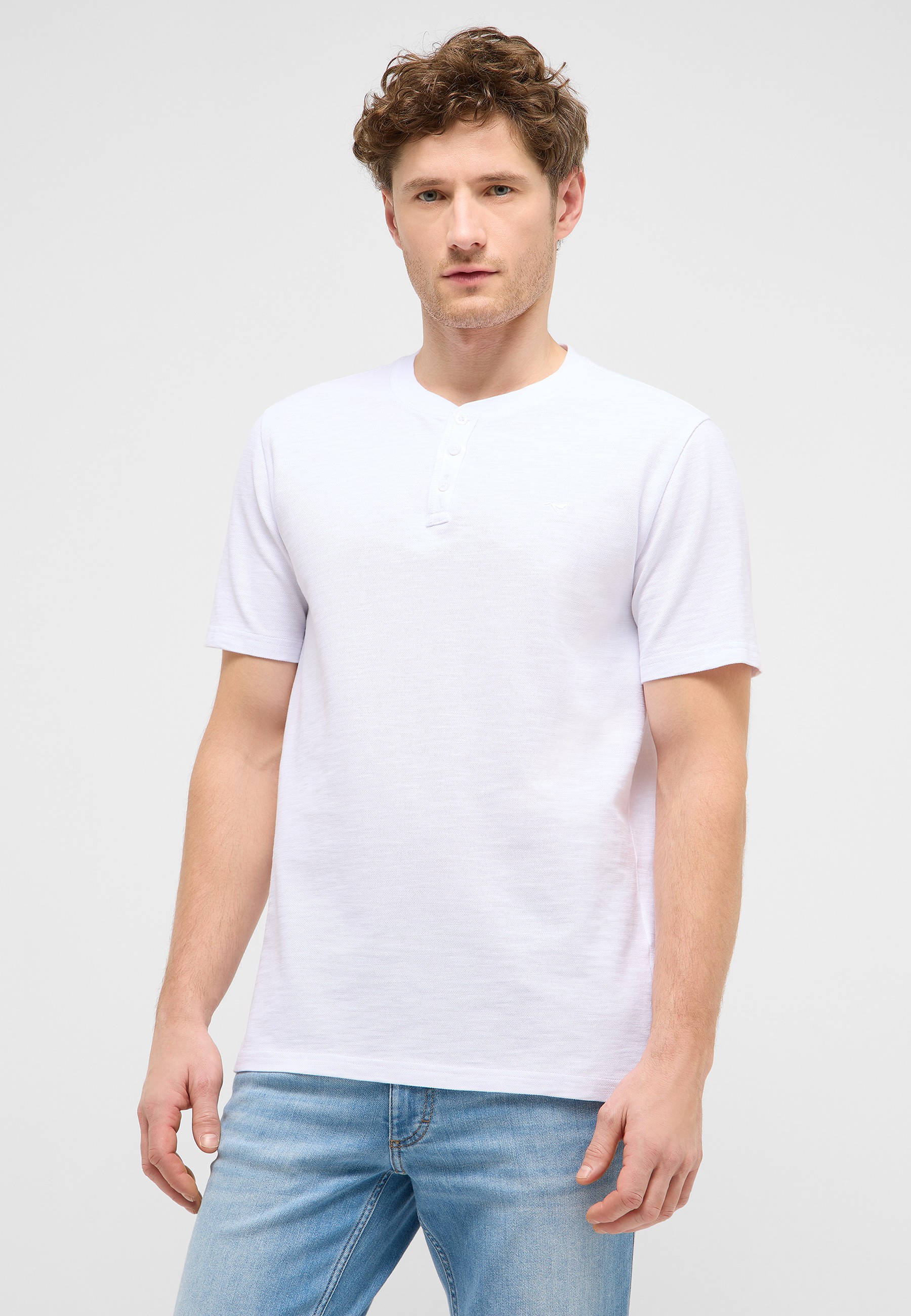 T-Shirt, Henley, Kurzarm, Weiß, Stoff