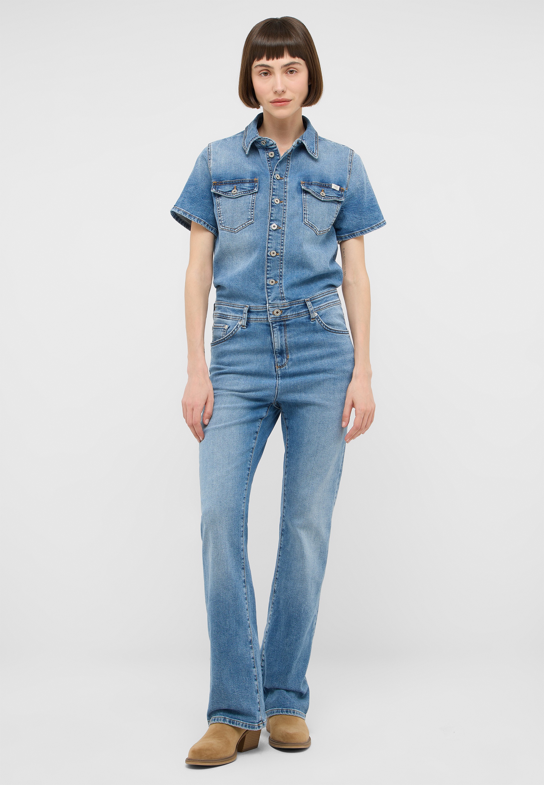 Jeans, Overall, Denim, Kurzarmshirt, Straight Leg