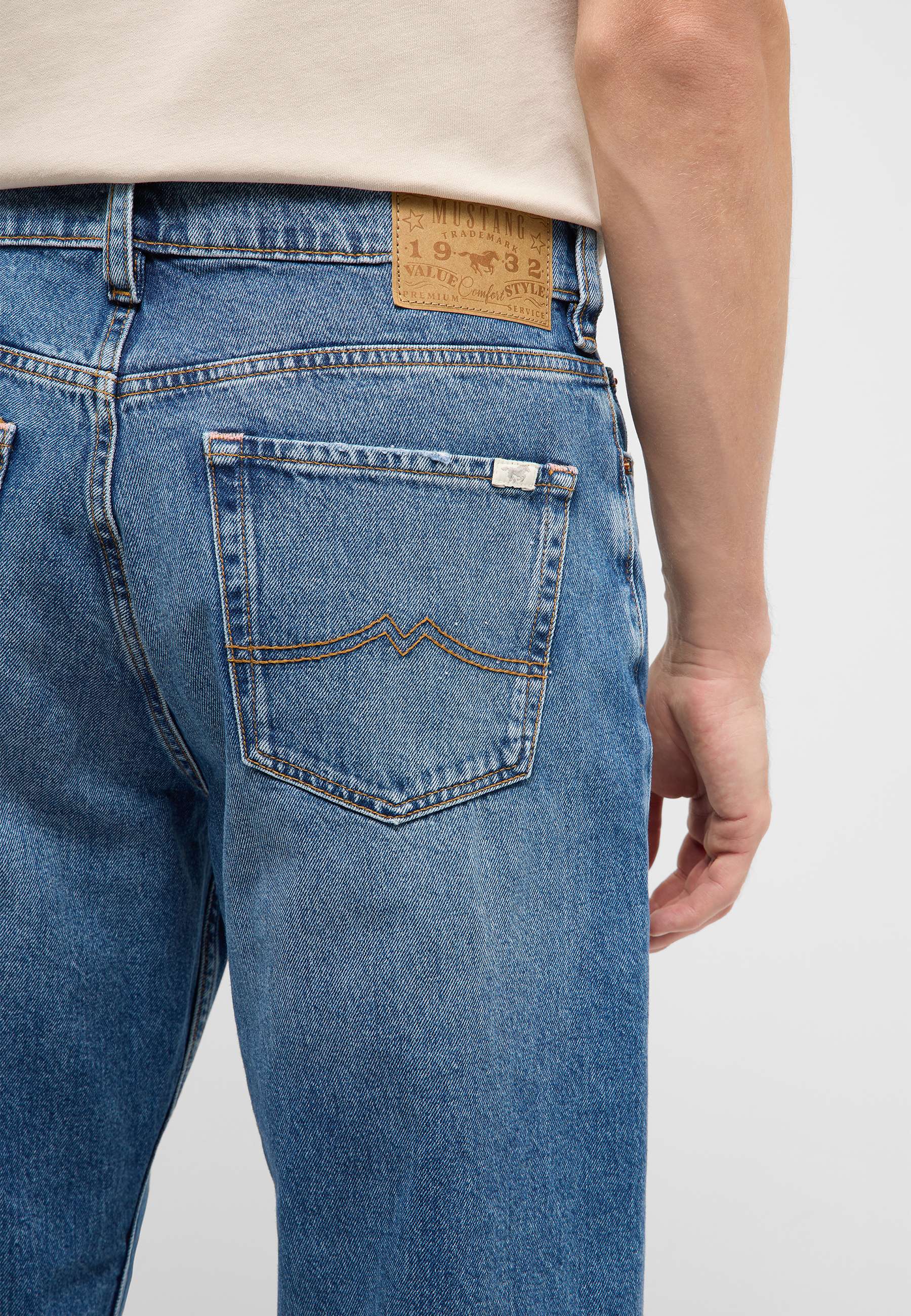 Jeans, Back pocket, Denim, Straight leg, Leather patch