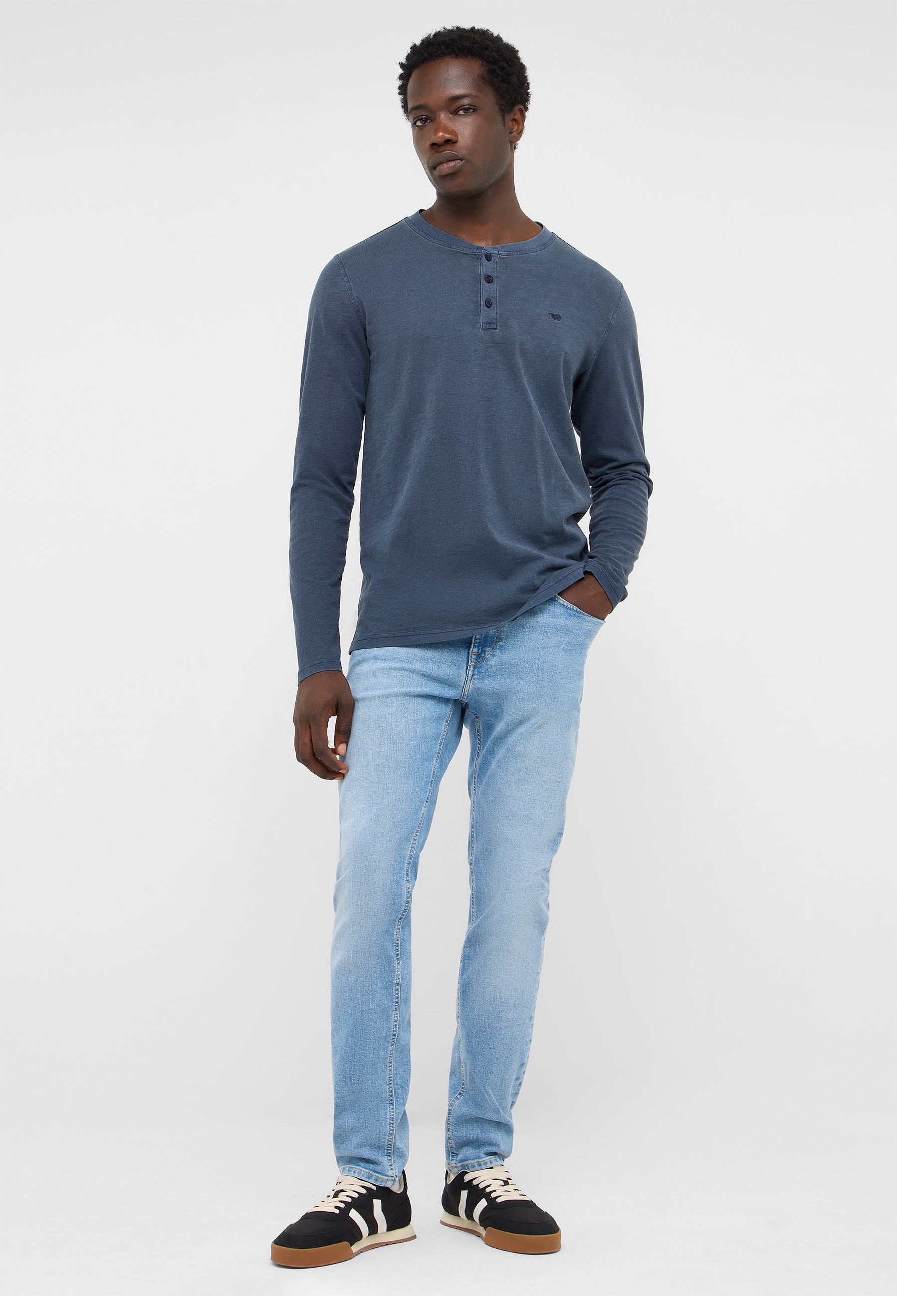 Henley shirt, Long sleeve, Blue, Cotton, Casual jeans