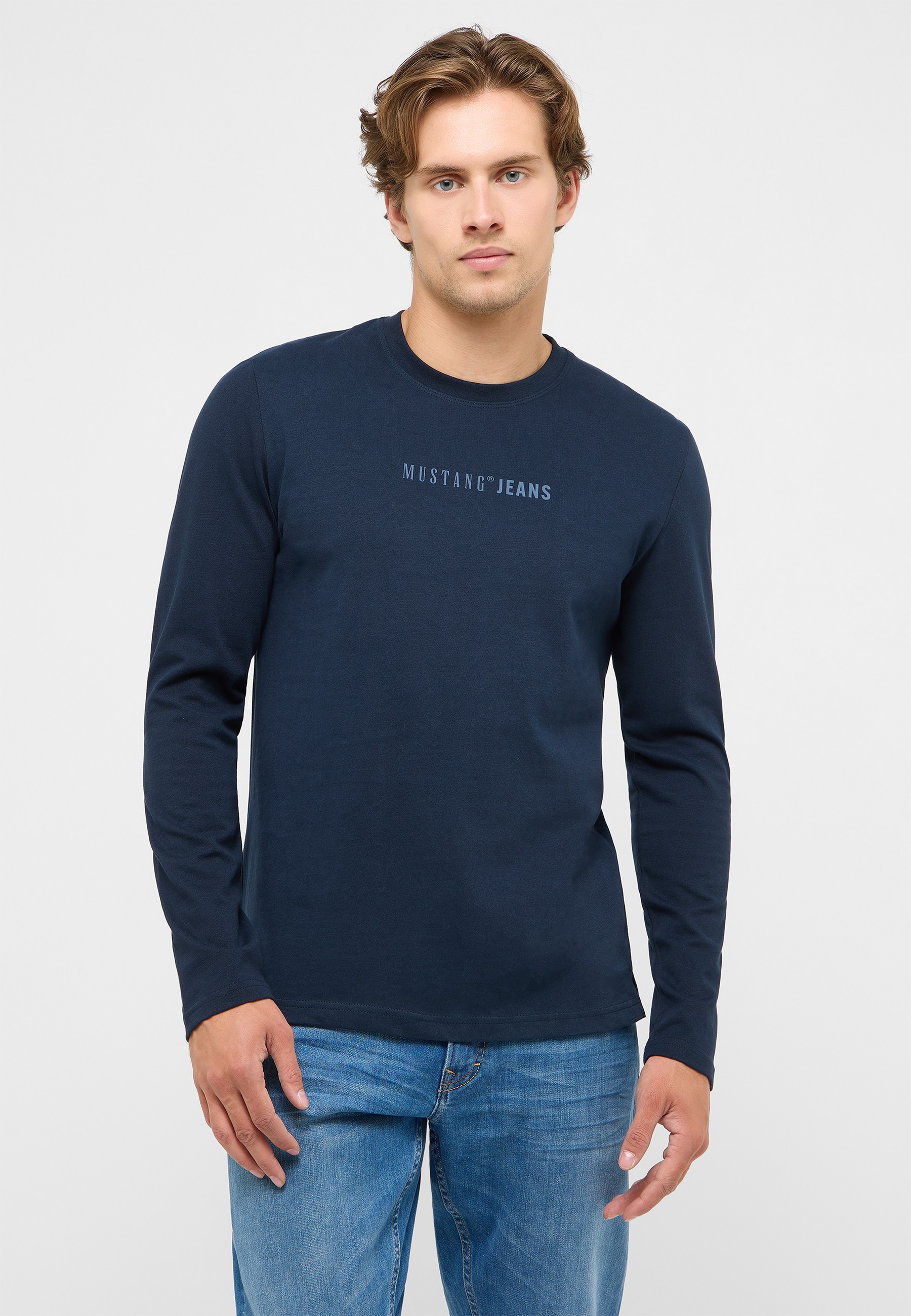 Langerärmlig, Rundhals, Marineblau, Baumwolle, Mustang Jeans