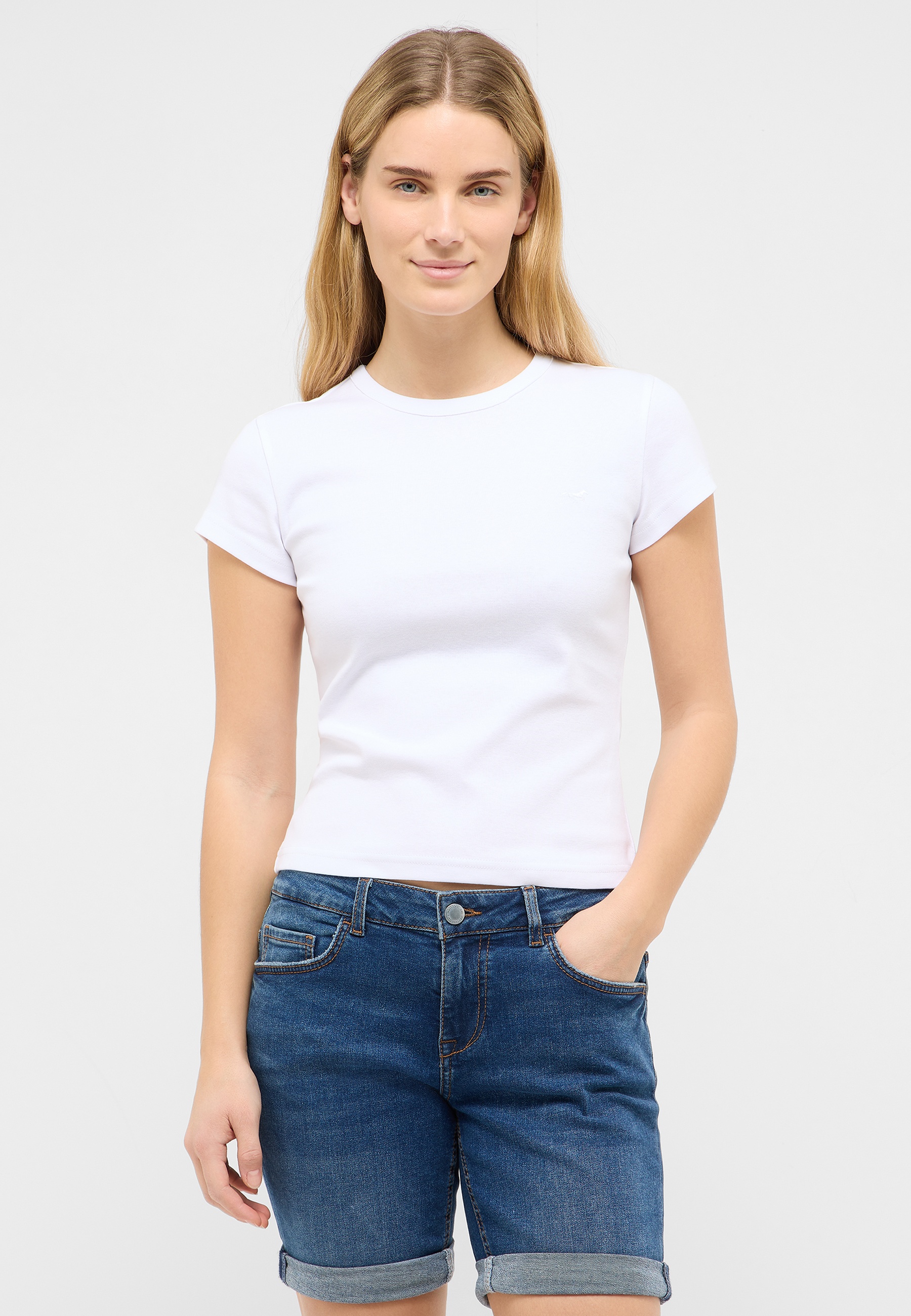 T-shirt, Kurzarm, Weiß, Baumwolle, Jeansshorts