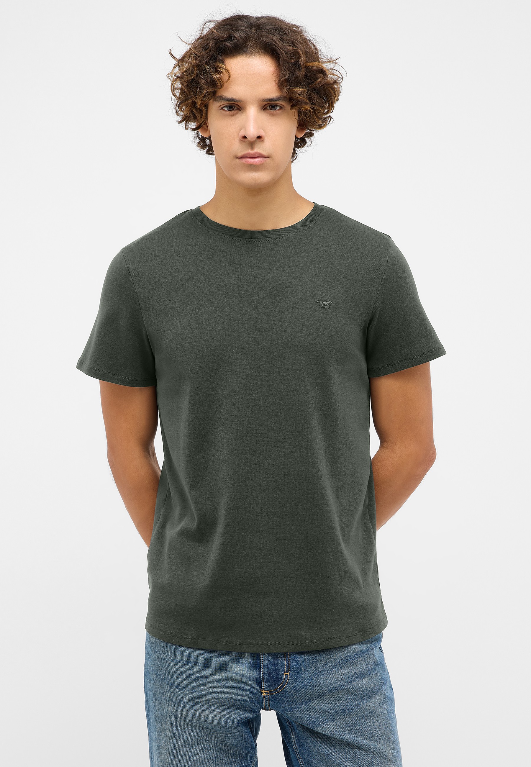 T-Shirt, Rundhals, Kurzärmelig, Uni-Farbe, Olivgrün