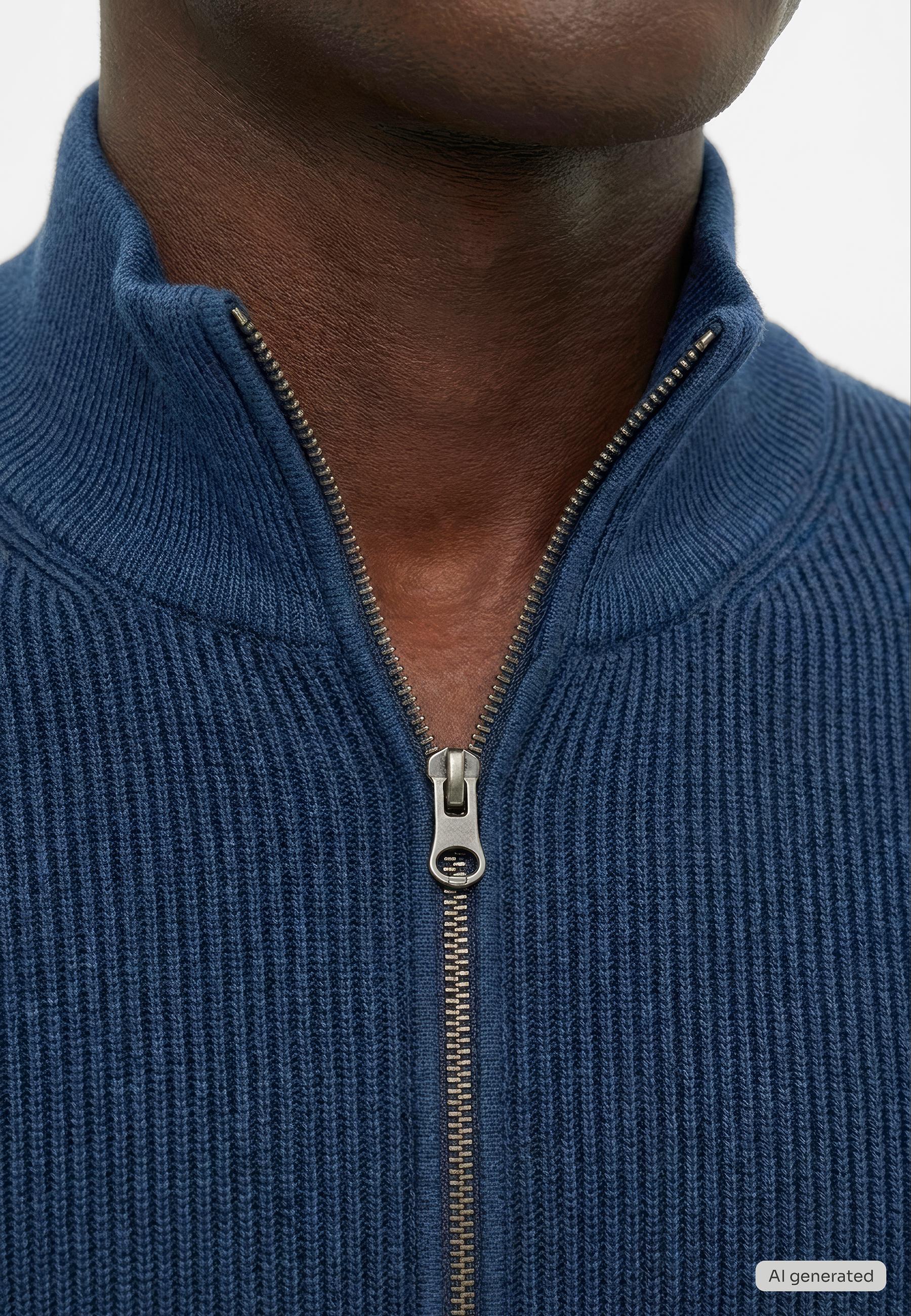 Reißverschluss, Kragen-Knopfleiste, Rippenstrick, Blau, Cardigan oder Jacke