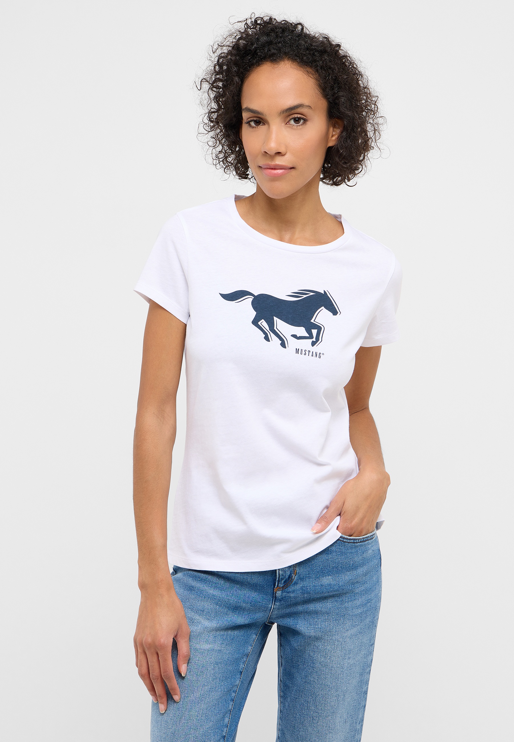 T-Shirt, Weißes T-Shirt, Mustang Grafik, Kurzarm, Runder Halsausschnitt