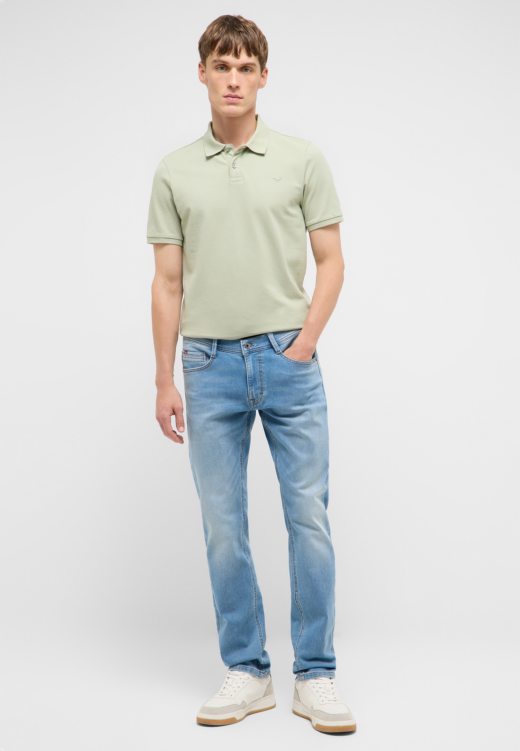 Polohemd, Polo, kurzärmlig, hellgrün, Jeans