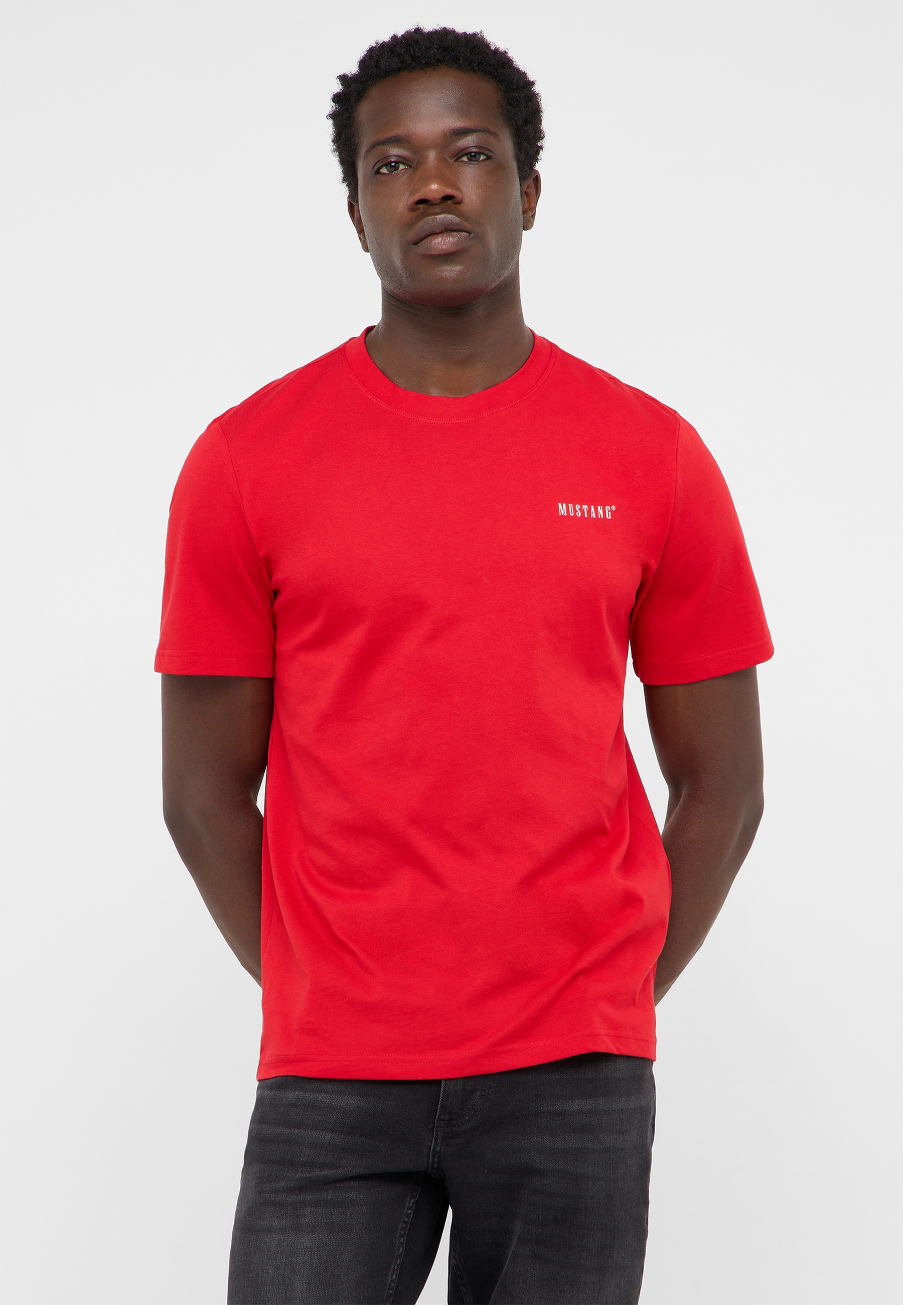 T-Shirt, Crew Neck, Short Sleeve, Red, Mustang small logo