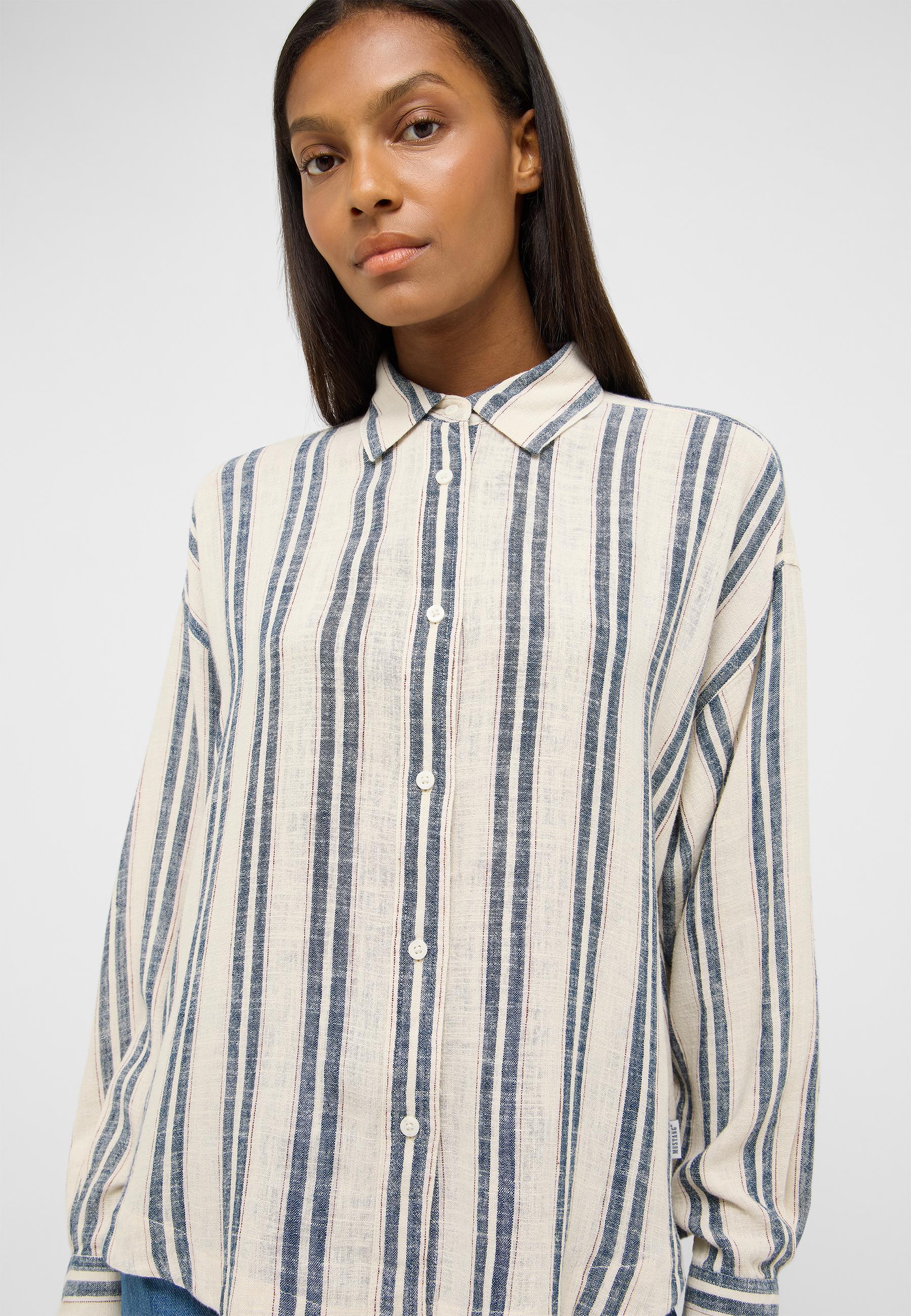 Leinenhemd, Gestreiftes Hemd, Knopf Hemd, Langarmshirt, Beige-Blau Streifen