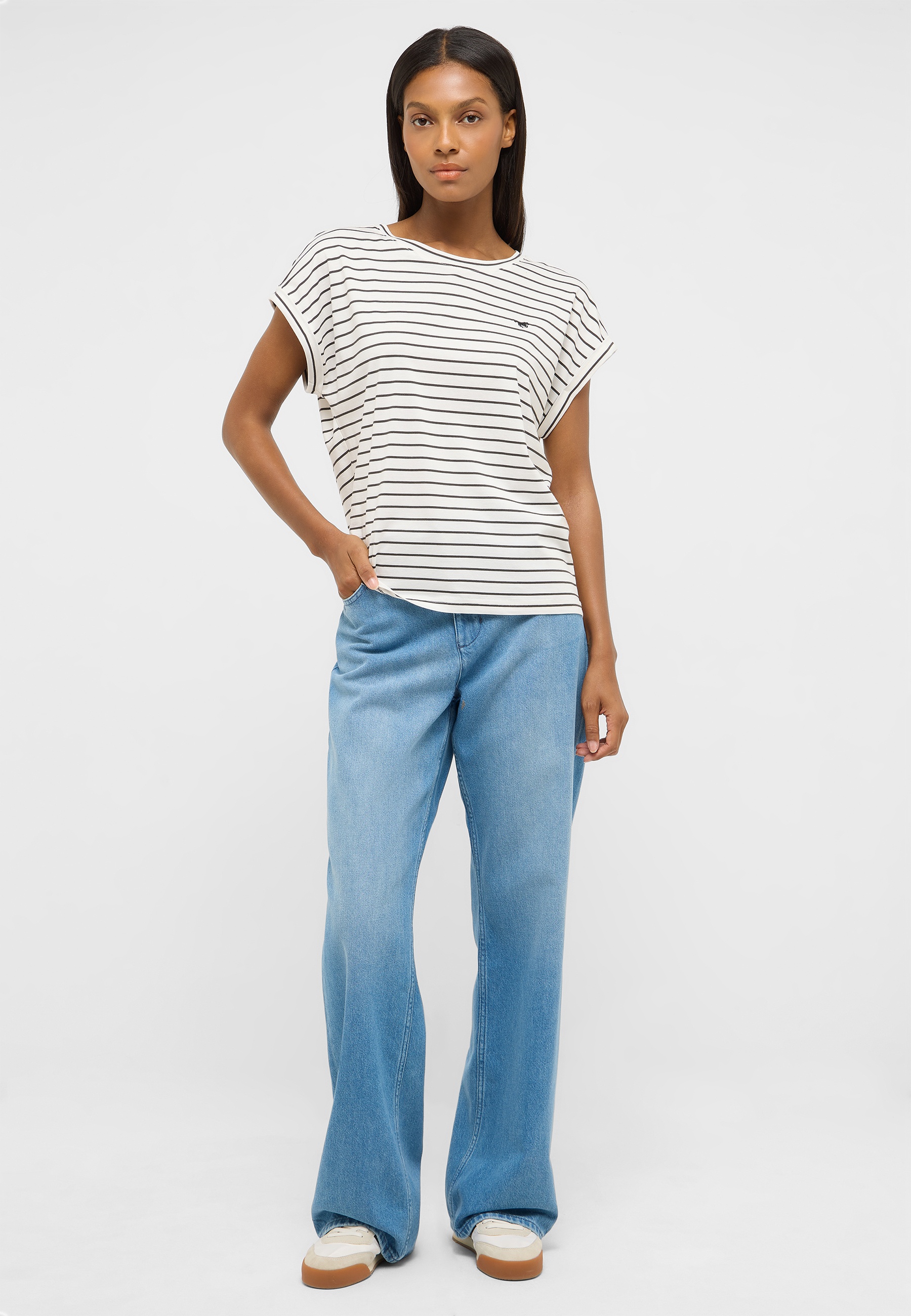 Streifenshirt, T-Shirt, Kurzarm, Strickbündchen, Jeanshose