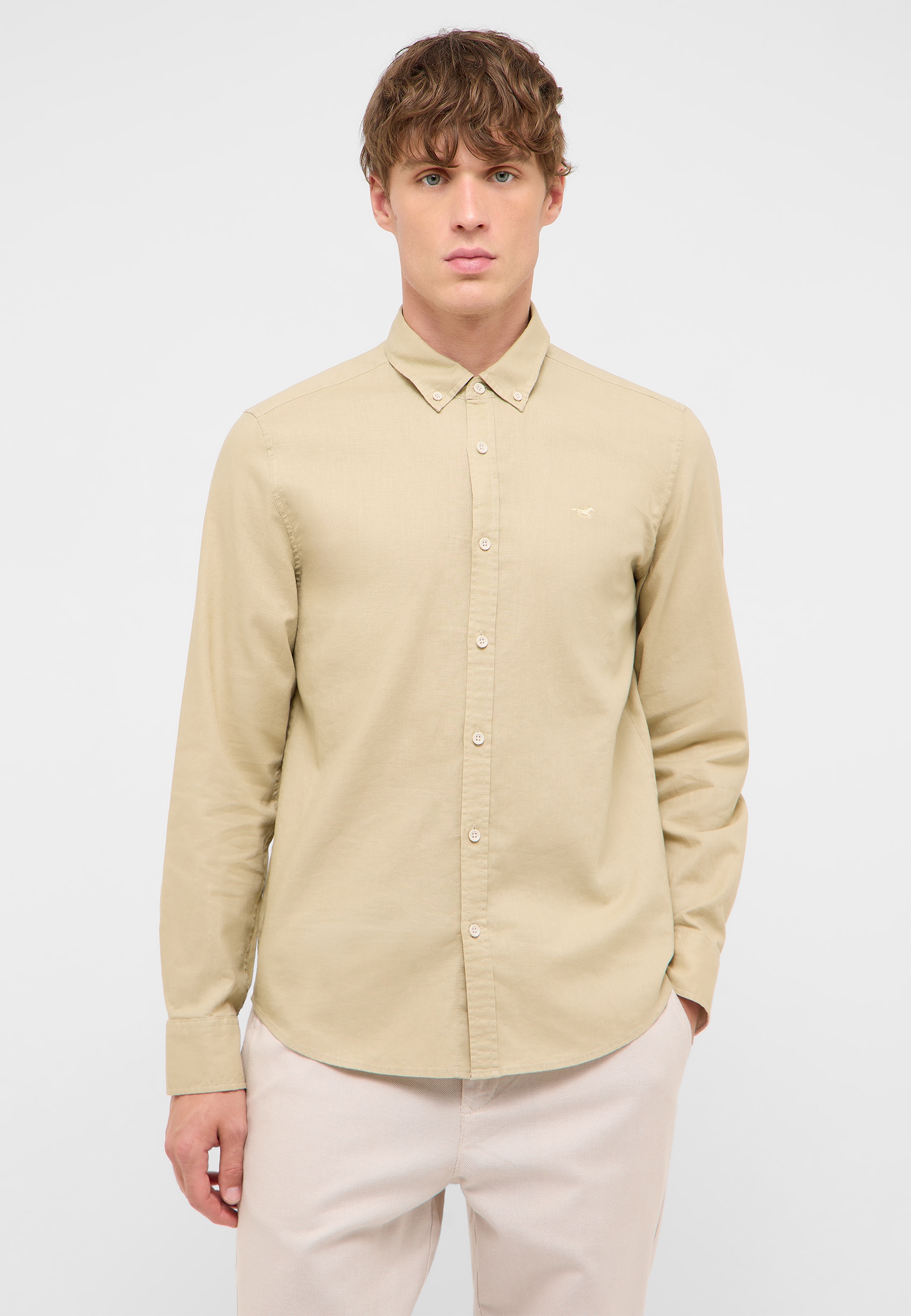 Hemd, Langarm, Beige, Knopfleiste, Kragen