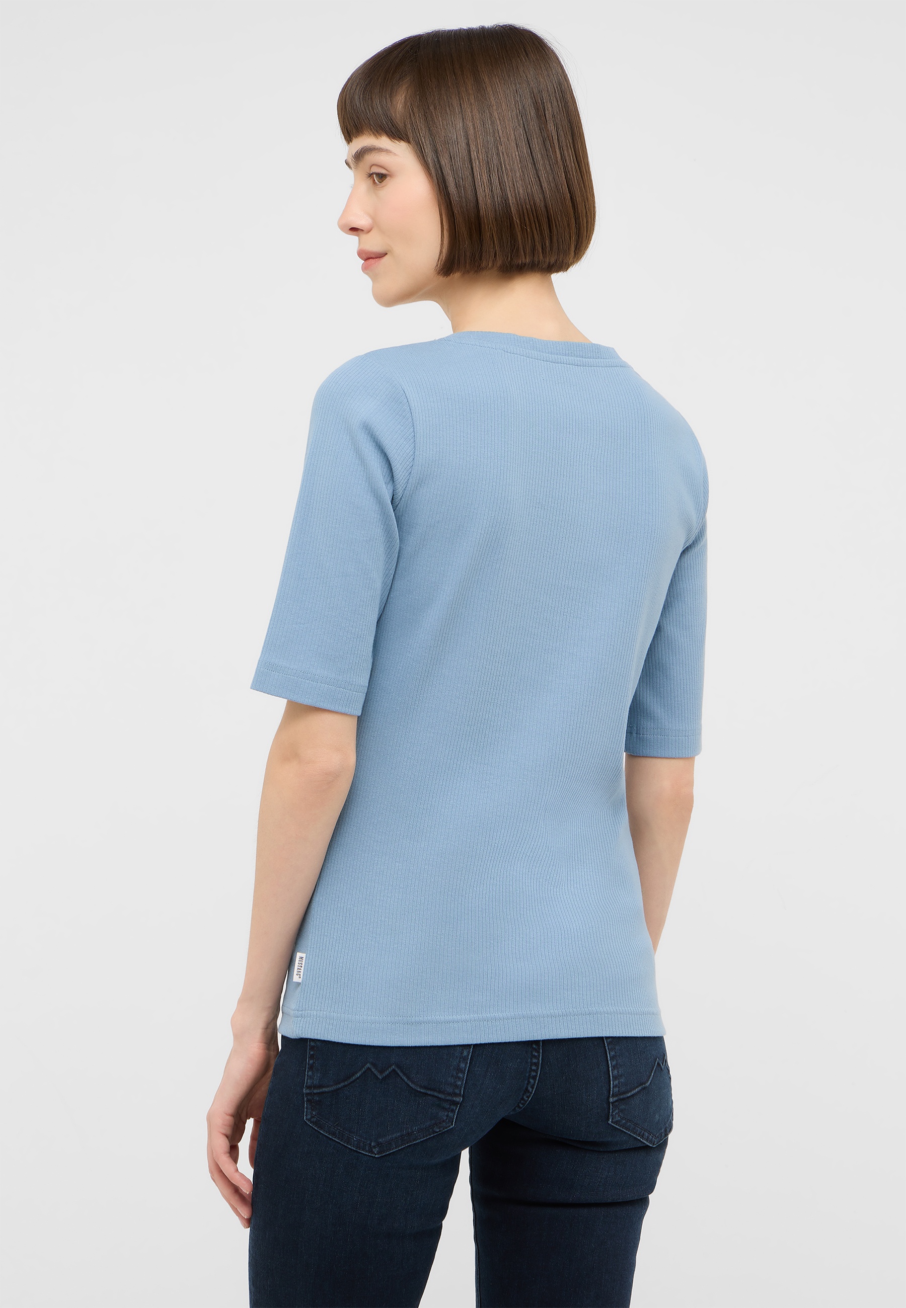 blaues Oberteil, kurze Ärmel, gerippte Struktur, schlanke Passform, Damen