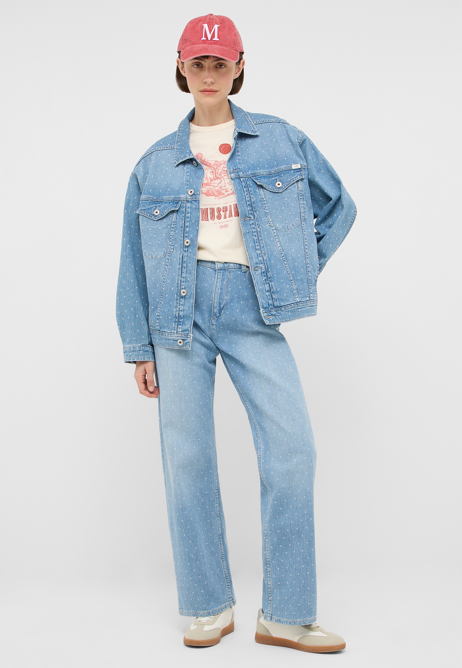 jean jacket,  denim,  dotted pattern,  light wash,  baseball cap