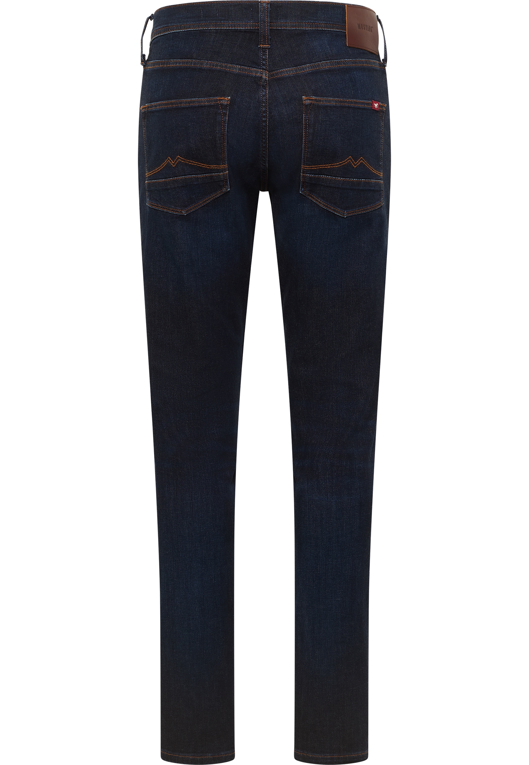 Jeans, Denim, Rückentaschen, dunkle Waschung, orange Steppung