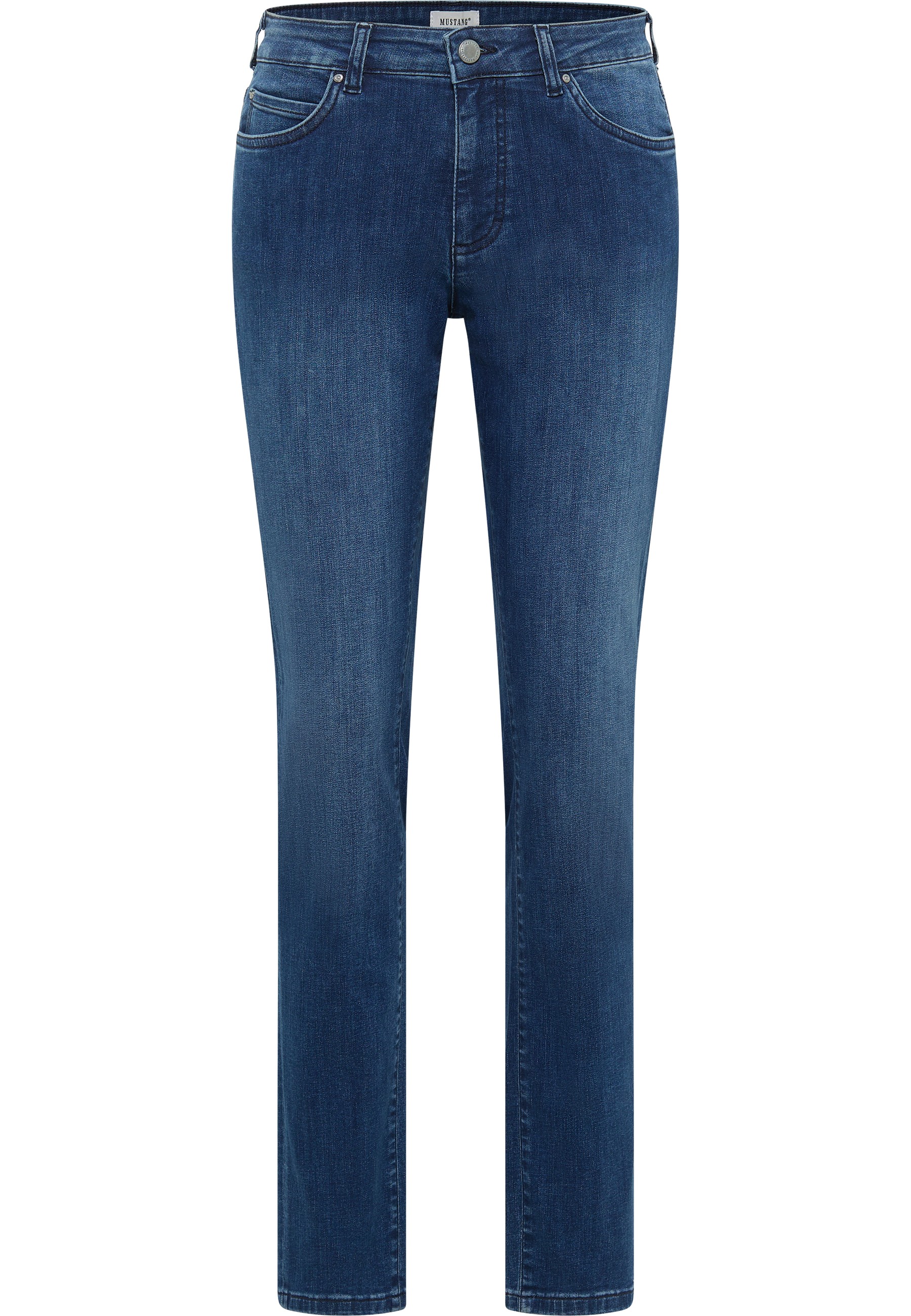 jeans, blauer Denim, gerade Beinform, fünf Taschen, mid-rise