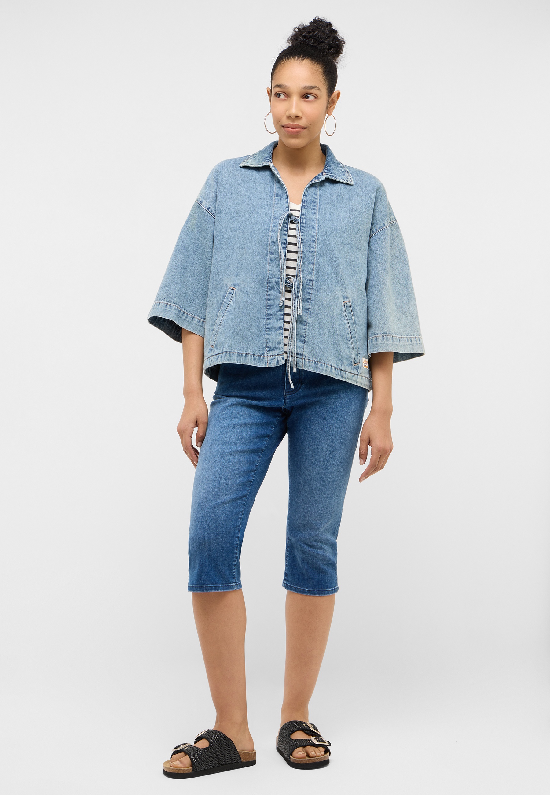 Denimjacke, Oversized-Jacke, Helle Waschung, 3/4-Ärmel, Jeans-Set